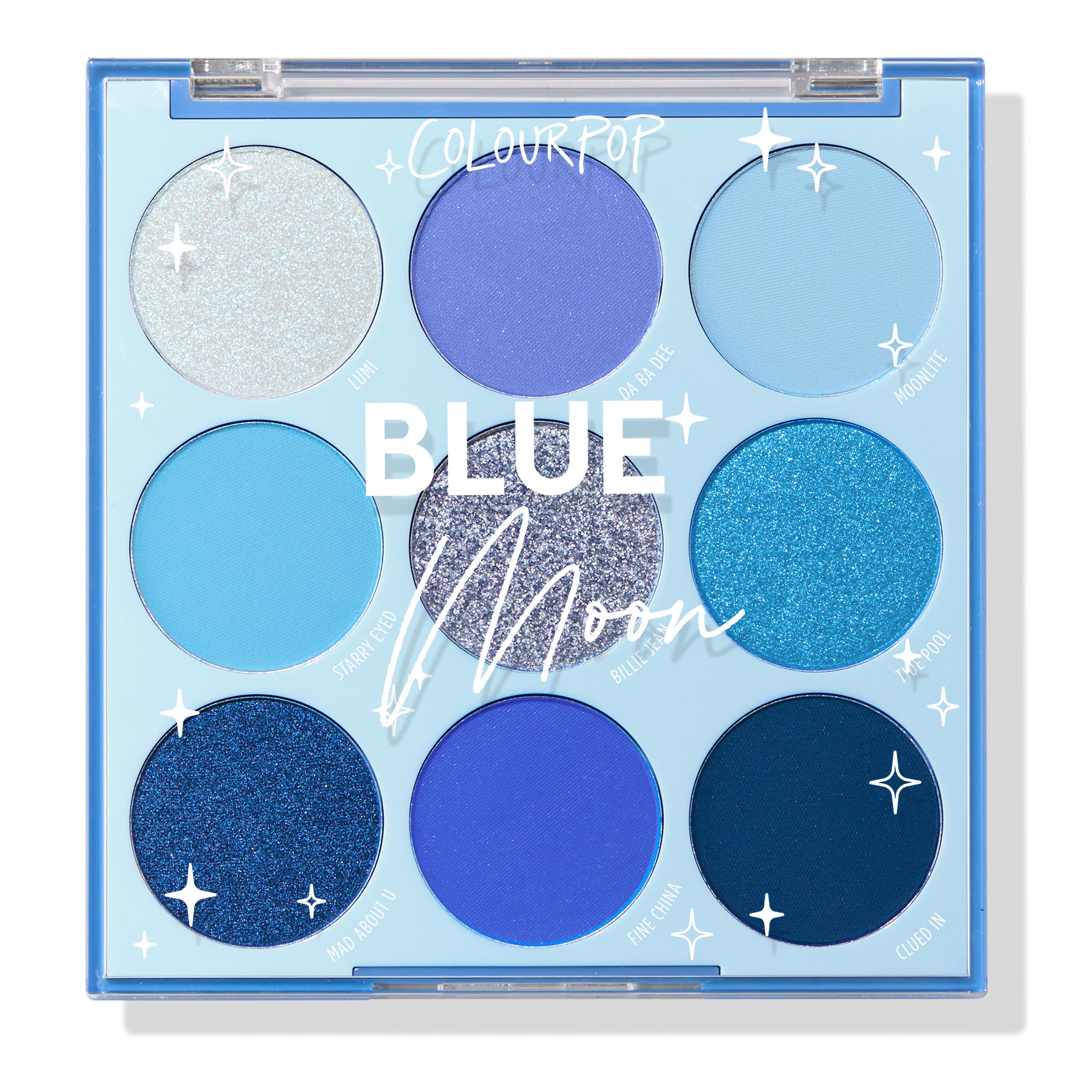 Blue Moon ColourPop Shadow Palette showcasing nine cool-toned blue eyeshadows - matte, shimmer, and glitter - arranged in a square compact with a clear lid and star graphics, photographed top-down on a white background.