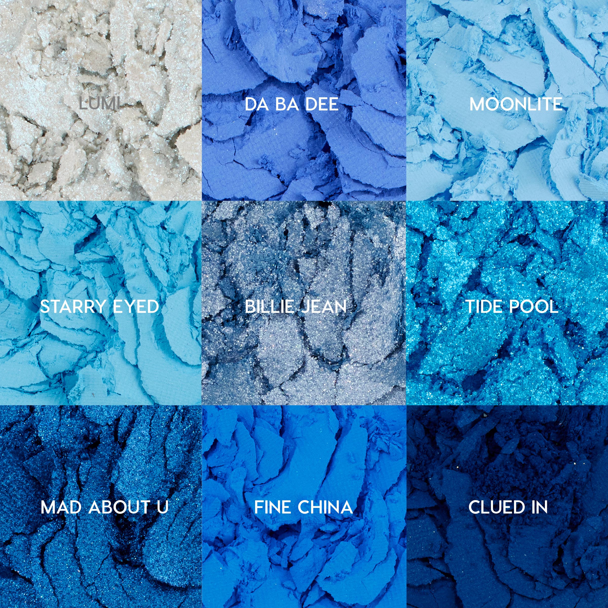 Blue Moon ColourPop Shadow Palette - nine crushed blue eyeshadow pans in a 3x3 grid - showcasing matte, metallic, and glitter finishes; shades labeled Lumi, Da Ba Dee, Moonlite, Starry Eyed, Billie Jean, Tide Pool, Mad About U, Fine China, Clued In.