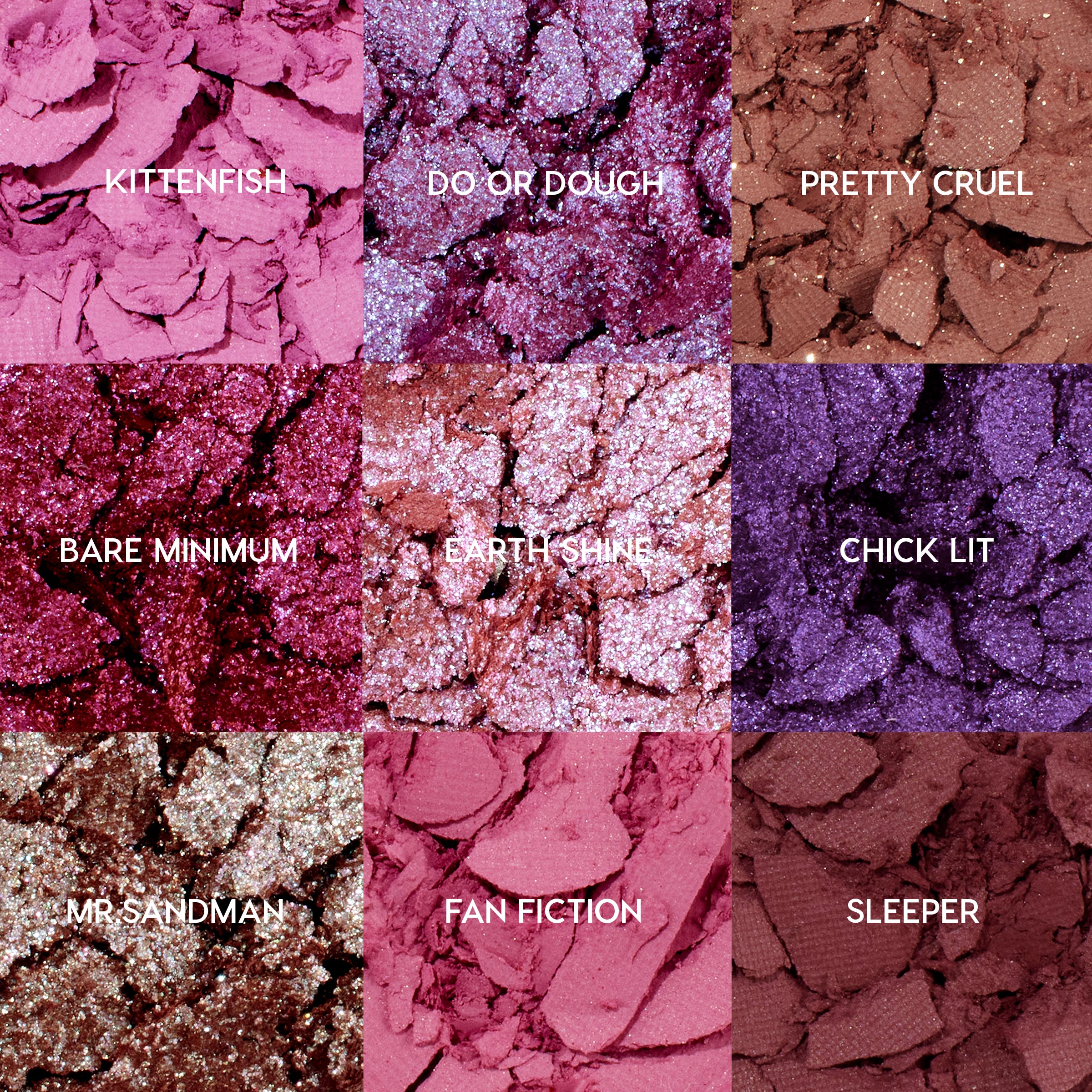ColourPop Shadow Palette It's My Pleasure showcasing nine crushed pans in pinks and purples - Kittenfish, Do or Dough, Pretty Cruel, Bare Minimum, Earth Shine, Chick Lit, Mr Sandman, Fan Fiction, and Sleeper - matte, metallic, and glitter finishes in a 3x3 grid.