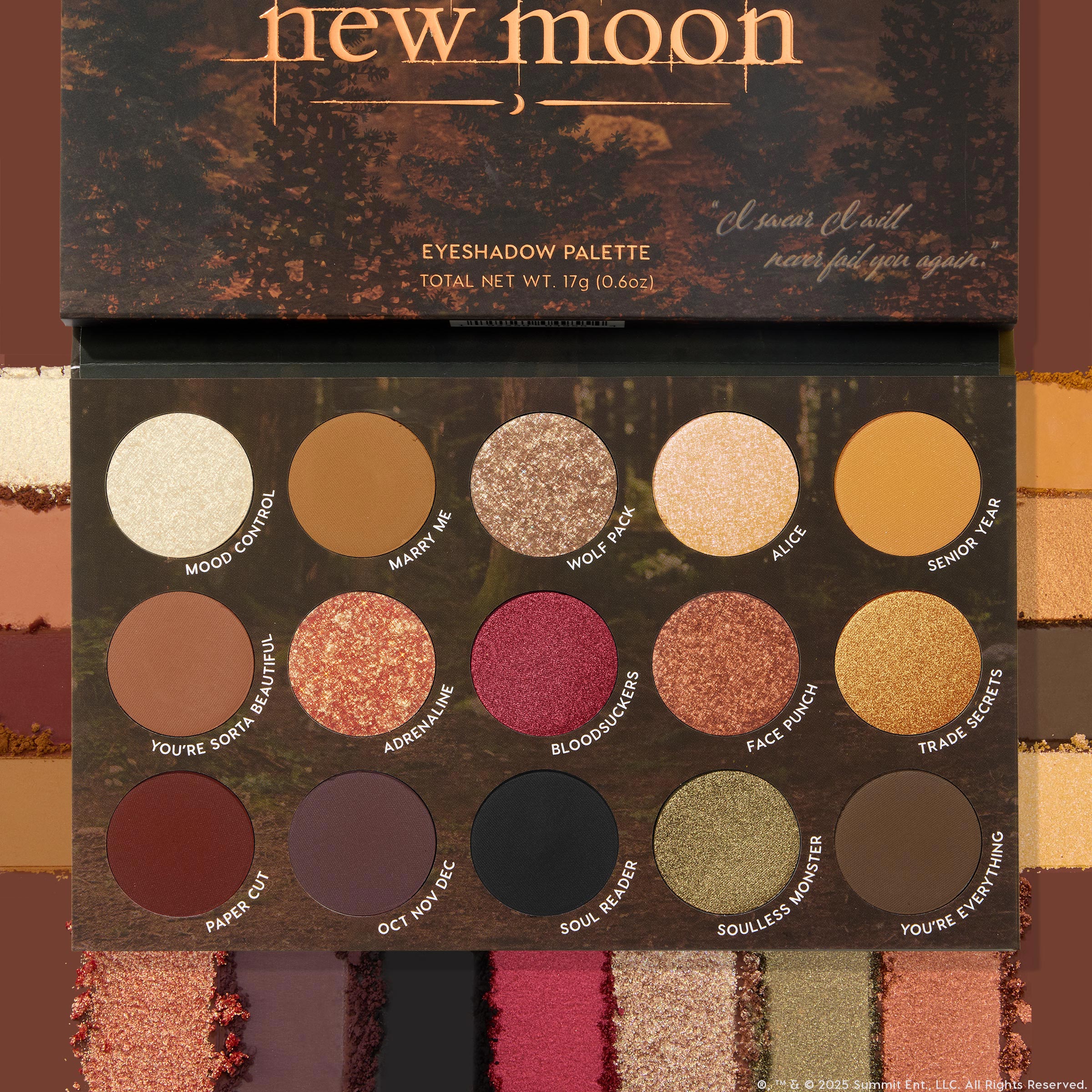 New Moon ColourPop Shadow Palette opens to 15 pans - warm browns, copper and gold metallics, olive shimmer, berry red, deep plum, and matte black - shown with shade labels and side swatches against forest-themed packaging.