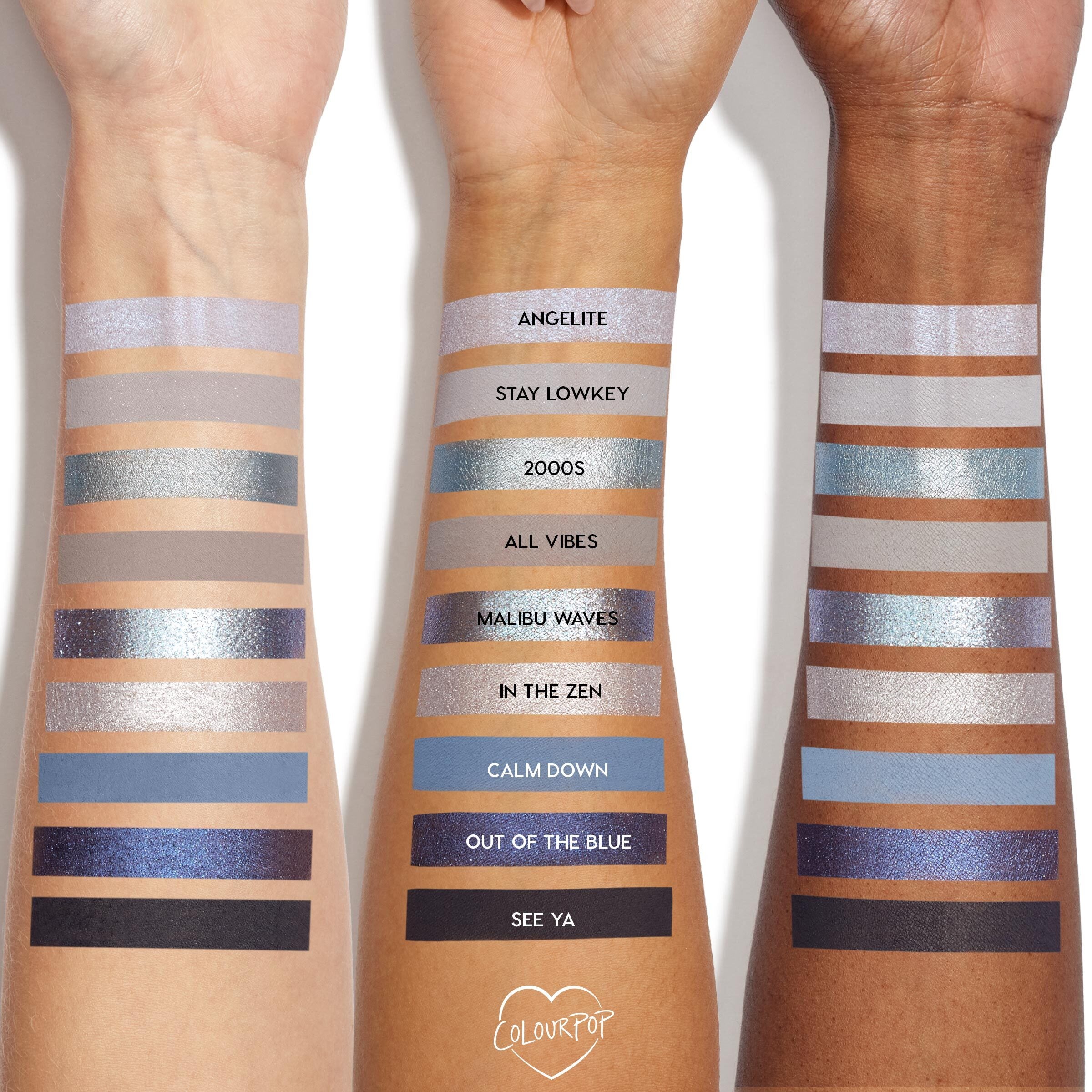 Three arms show swatches of the So Elemental ColourPop Shadow Palette, 12 cool‑toned shades in shimmer and matte - from lilac and icy silver to teal, cobalt, navy, and black - with shade names (Angelite to See Ya) labeled on the center arm.