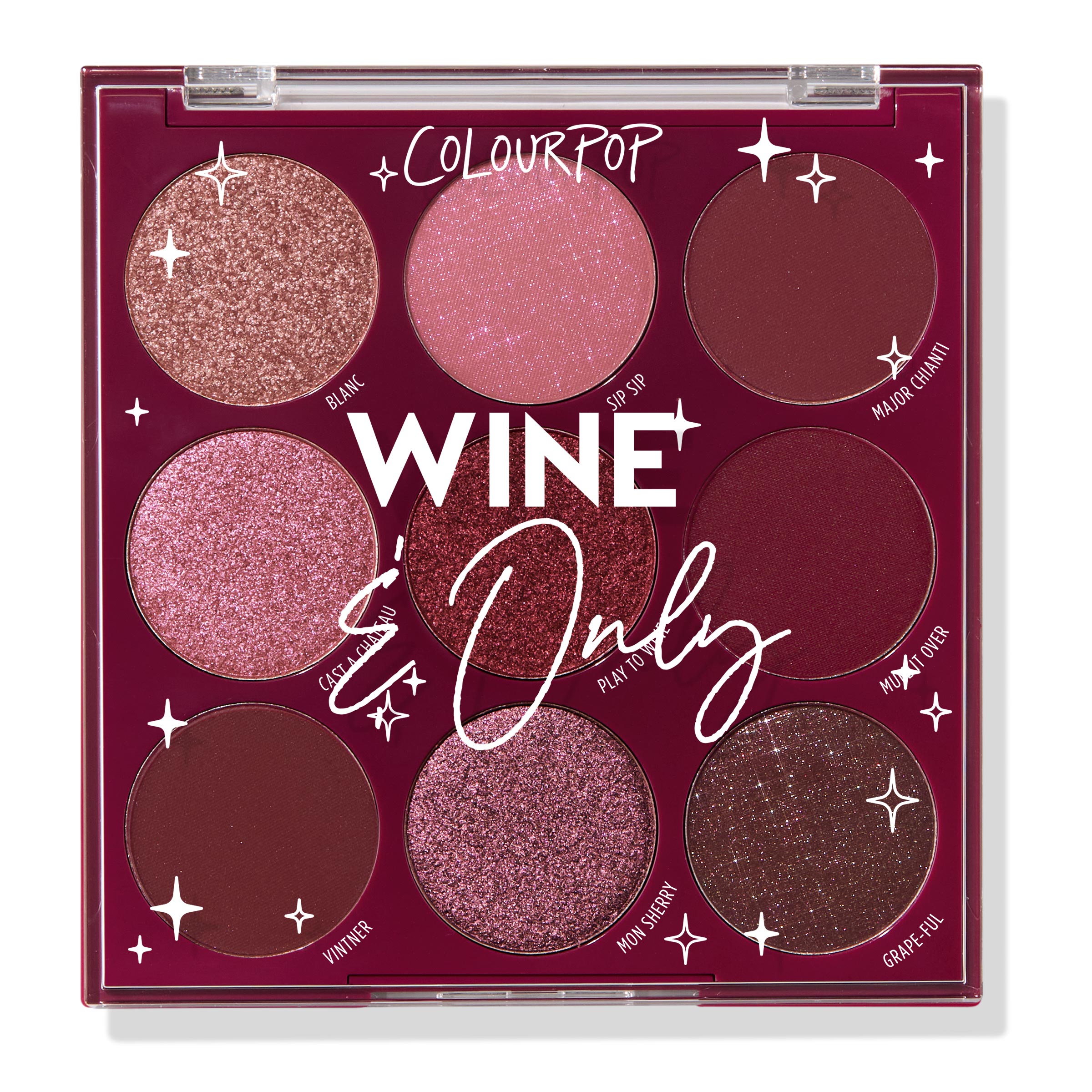 ColourPop Wine and Only Shadow Palette displays nine wine‑toned shades - mattes, shimmers, and glitters - in a 3x3 layout inside a burgundy compact with a clear lid and star accents, ideal for berry and plum smoky eye looks.