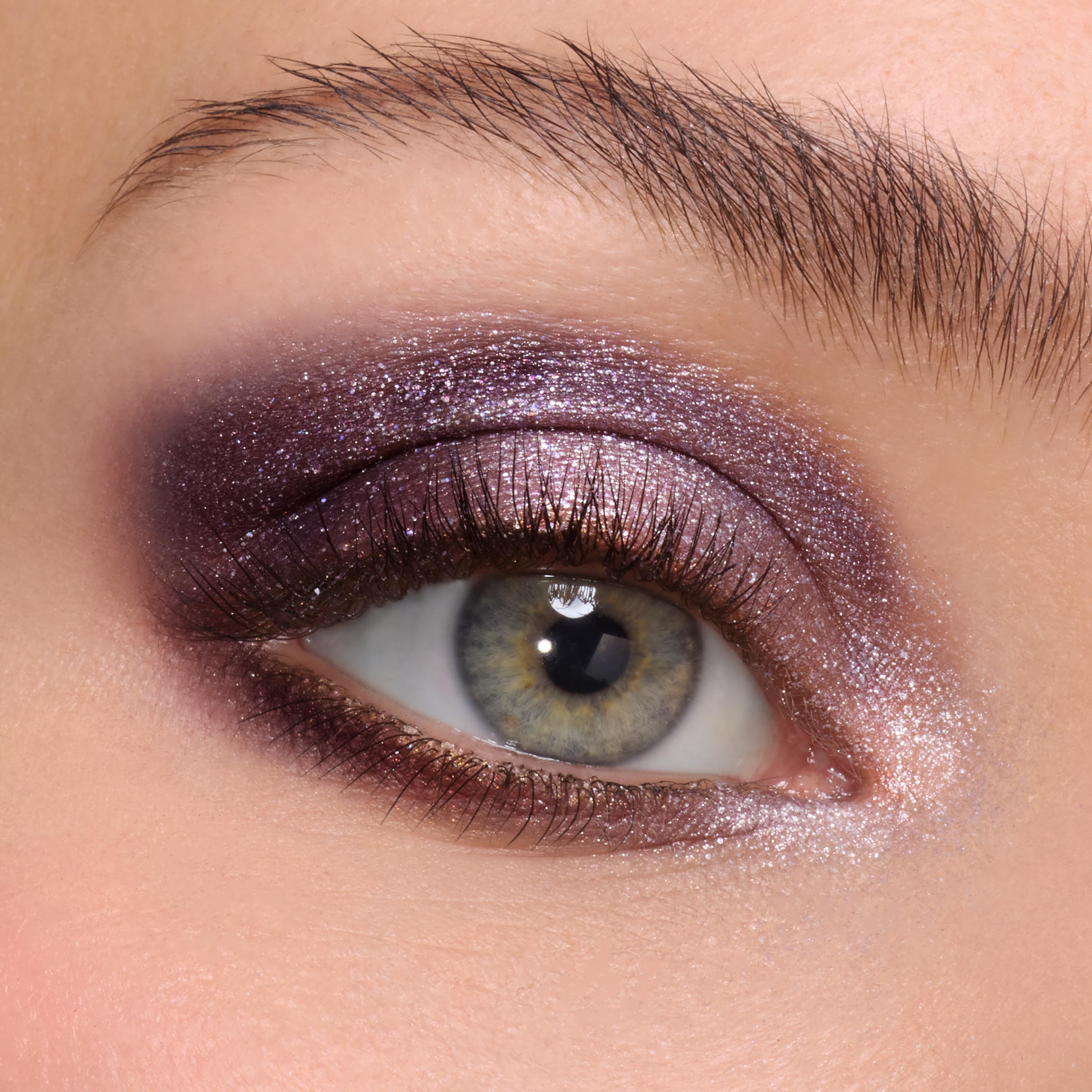 Smoky, glittery icy plum eyeshadow sweeping across the lid and lower lash line with a bright inner-corner highlight, showcased on a close-up eye to demo A Shadow of Secrets Shadow Palette, a ColourPop Shadow Palette for cool-toned, high-shine looks.