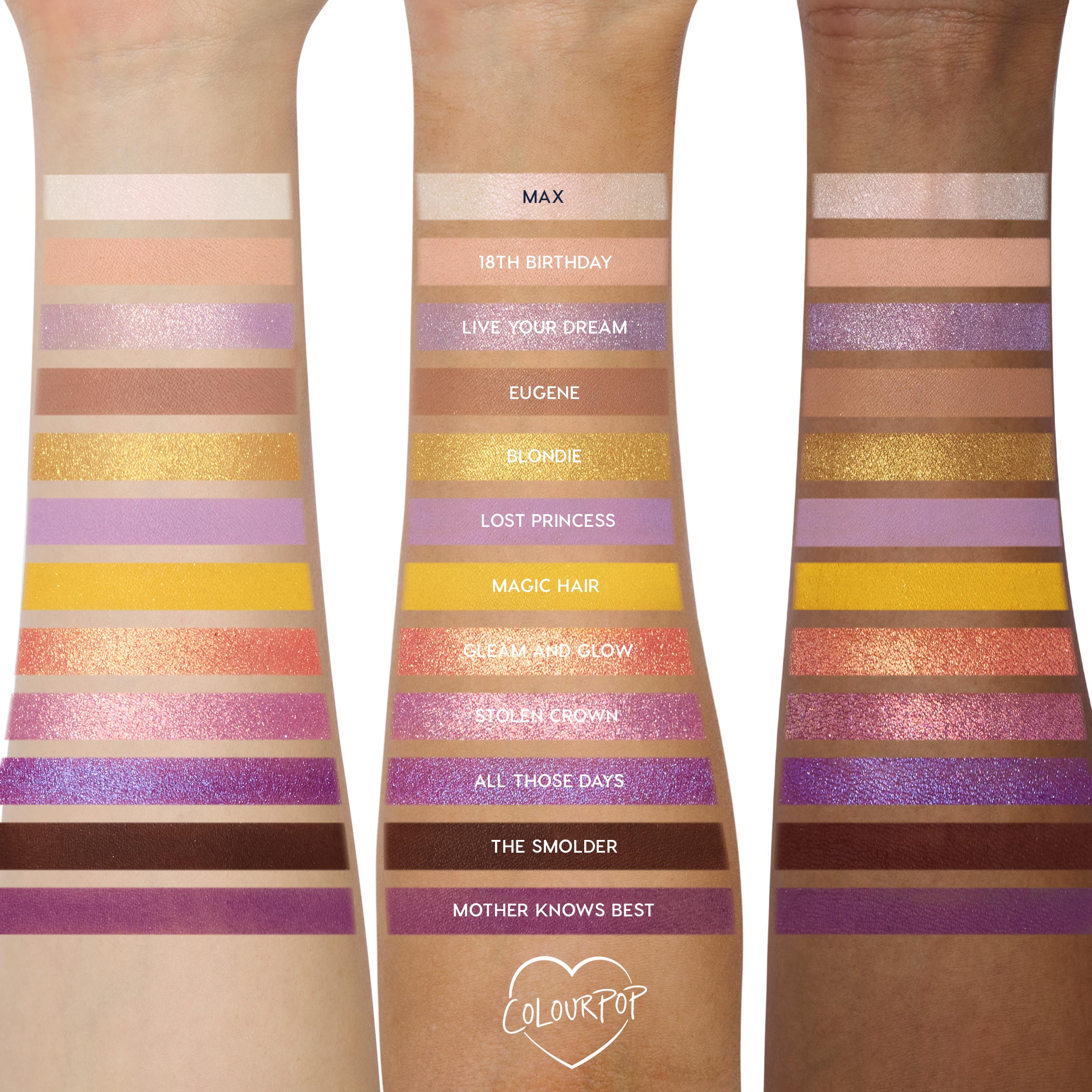 Best Day Ever ColourPop Shadow Palette swatches displayed on three arms of varied skin tones, labeled from Max to Mother Knows Best, with lilac, gold, peach, brown, and pink mattes and shimmers showing pigment, payoff, and finish.