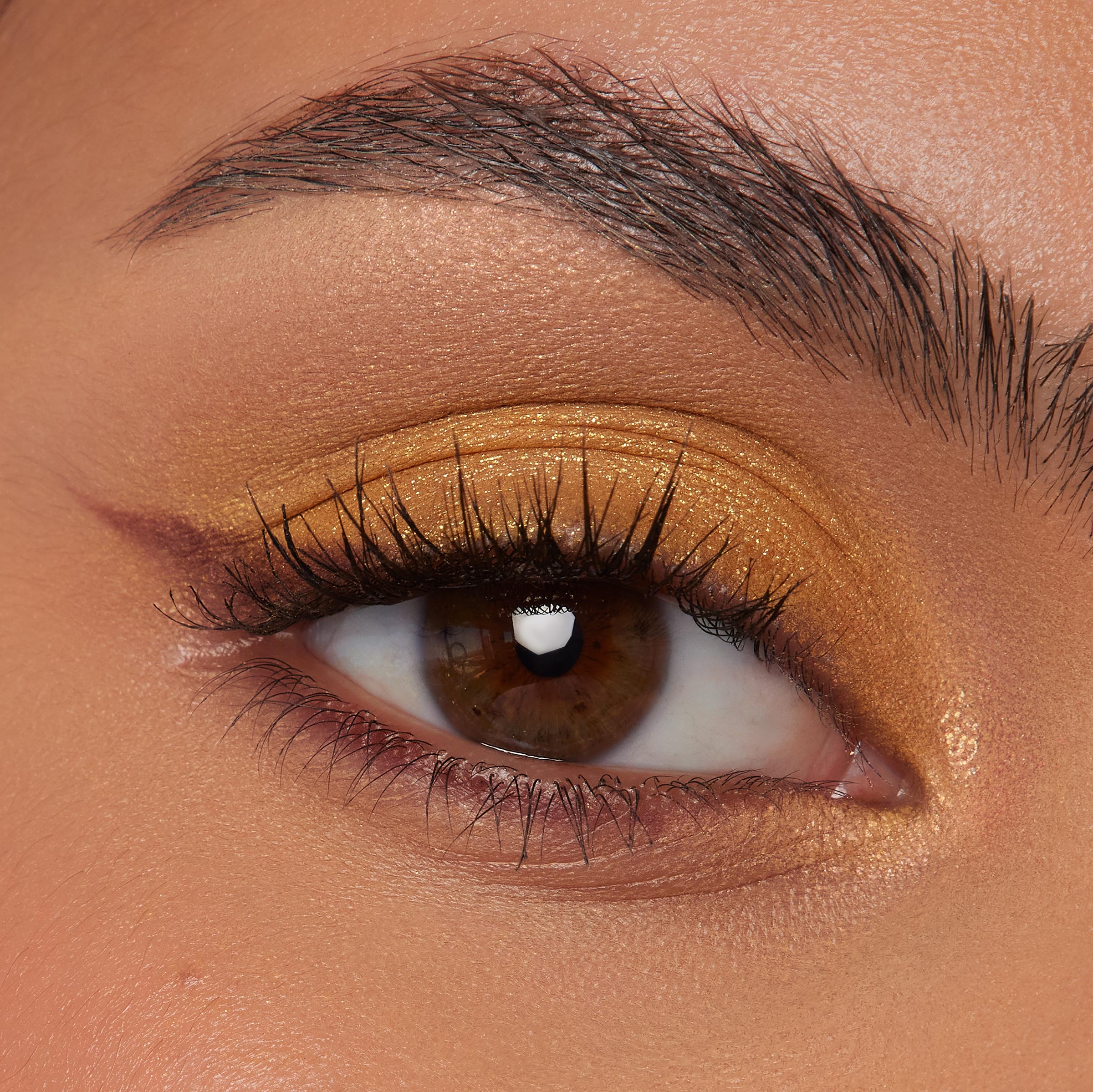 Gold shimmer eyeshadow sweeps across a single eyelid with a soft tan crease and subtle burgundy flick, lashes defined, showcasing the warm payoff of the Best Day Ever ColourPop Shadow Palette in a close-up beauty swatch.