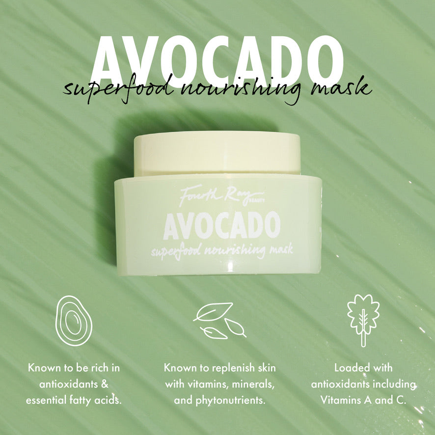 Fourth Ray Beauty Avocado Superfood Mask face mask jar sits on a green textured backdrop, label reading AVOCADO superfood nourishing mask, with icons highlighting antioxidants, essential fatty acids, and vitamins A & C; hydrating ColourPop Face Mask.