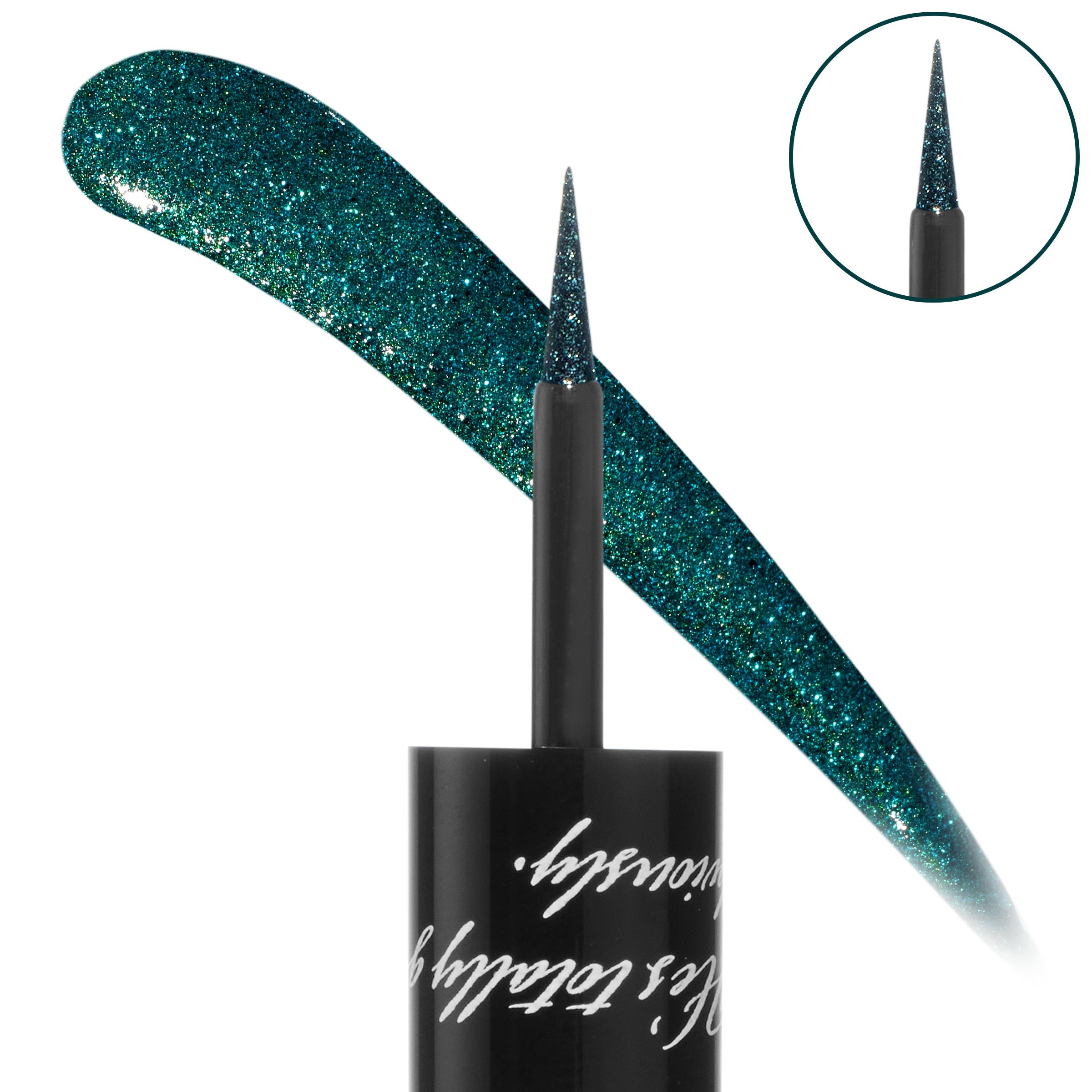 ColourPop Graphix Ink Liner in Forever swatched as a curved stroke of shimmering teal glitter, shown with a fine brush tip and inset close-up next to a black barrel with white script on white, highlighting precise, long‑wear liquid eyeliner.