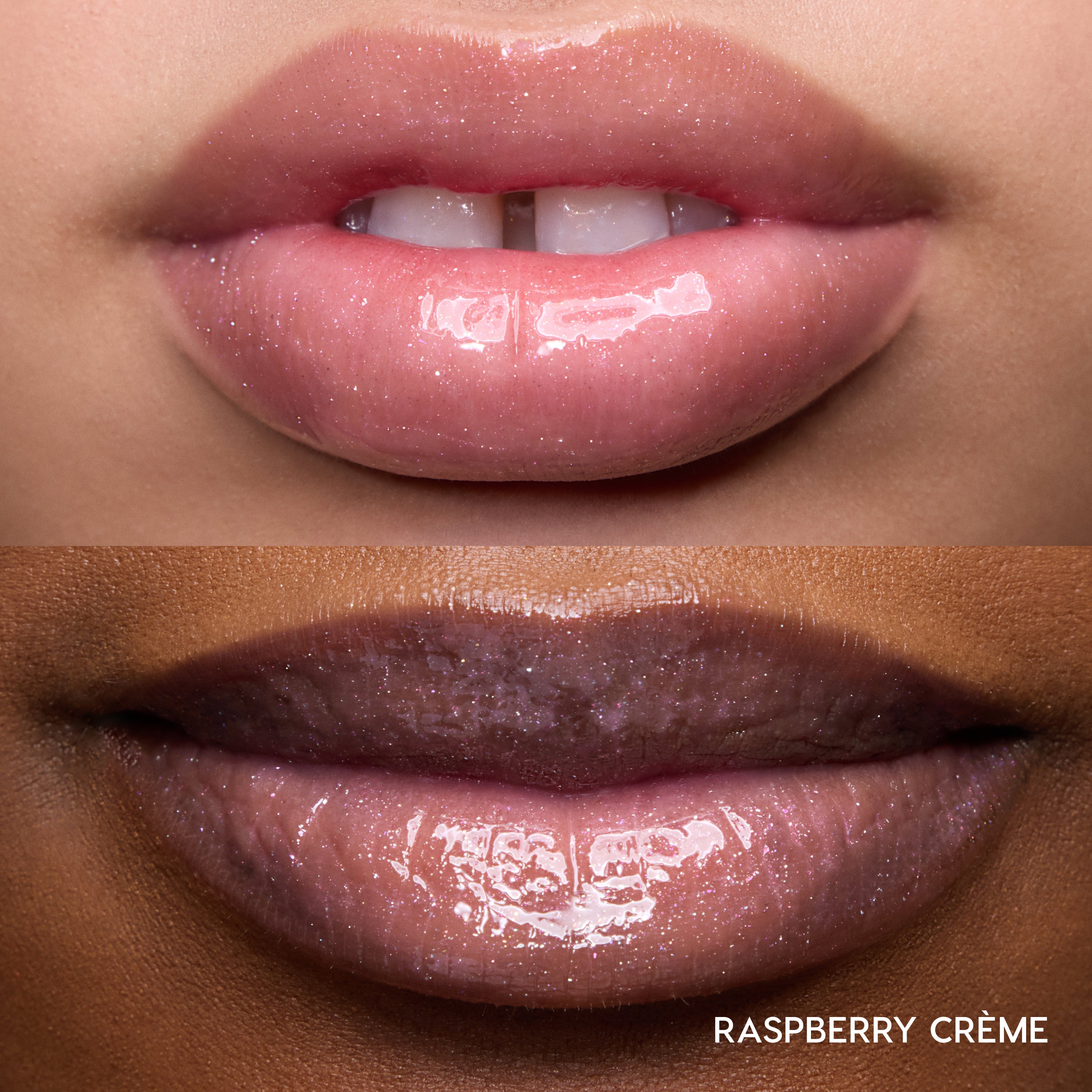 Close-up of two models’ lips wearing Colourpop Fresh Kiss Glossy Balm in Raspberry Crème, showing sheer pink shimmer Lip Gloss & Lip Oil finish on different skin tones against a simple studio background.