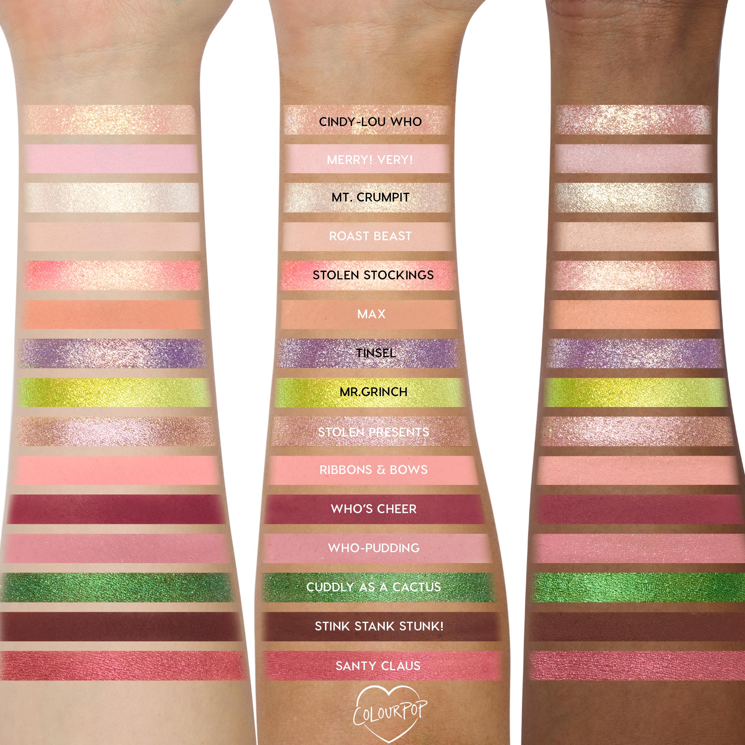 Grinch Glam Shadow Palette + Glitter Gel swatched across three arms, showing matte and glitter pinks, greens, golds, and plums with labeled shades like Mr. Grinch, Tinsel, and Santy Claus; festive ColourPop arm swatches for holiday eye looks.