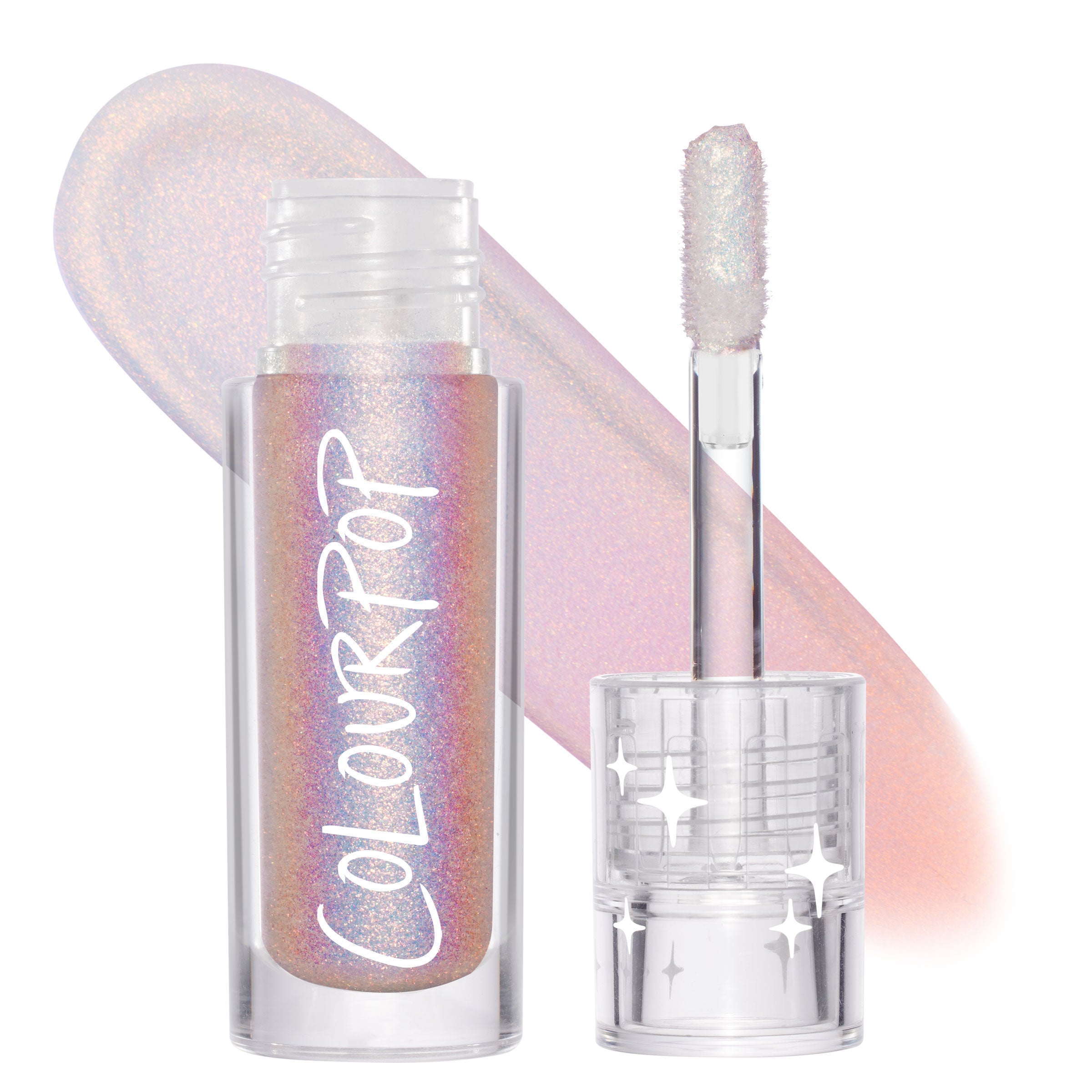Glaze ColourPop Chrome Liquid Shadow standing open with doe-foot applicator, showcasing an iridescent multi-chrome shift from pink and lilac to peach-gold; clear tube with white logo and starry cap on a white backdrop with a matching swatch.