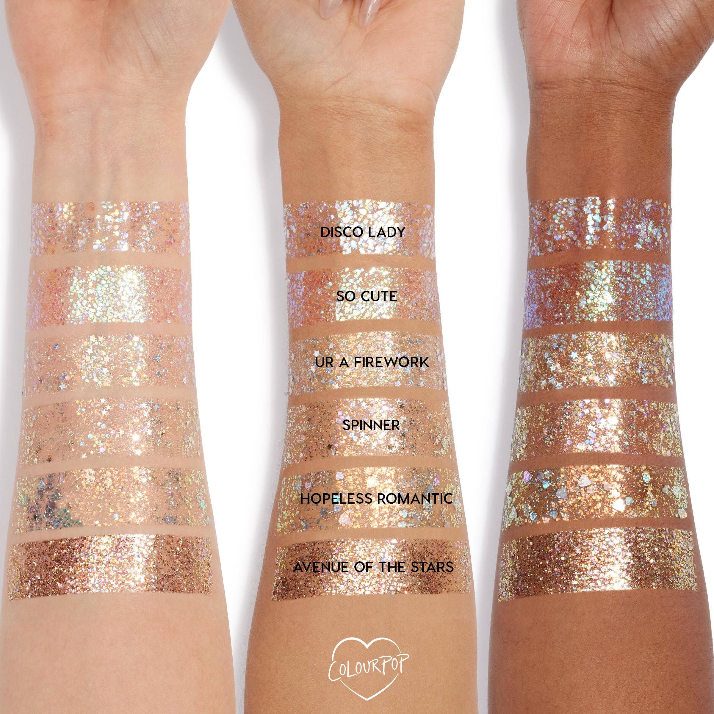 Ur A Firework ColourPop Glitter Gel swatched in a stripe on three forearms, showing iridescent gold-pink chunky glitter payoff; rows compare to Disco Lady, So Cute, Spinner, Hopeless Romantic, and Avenue of the Stars.