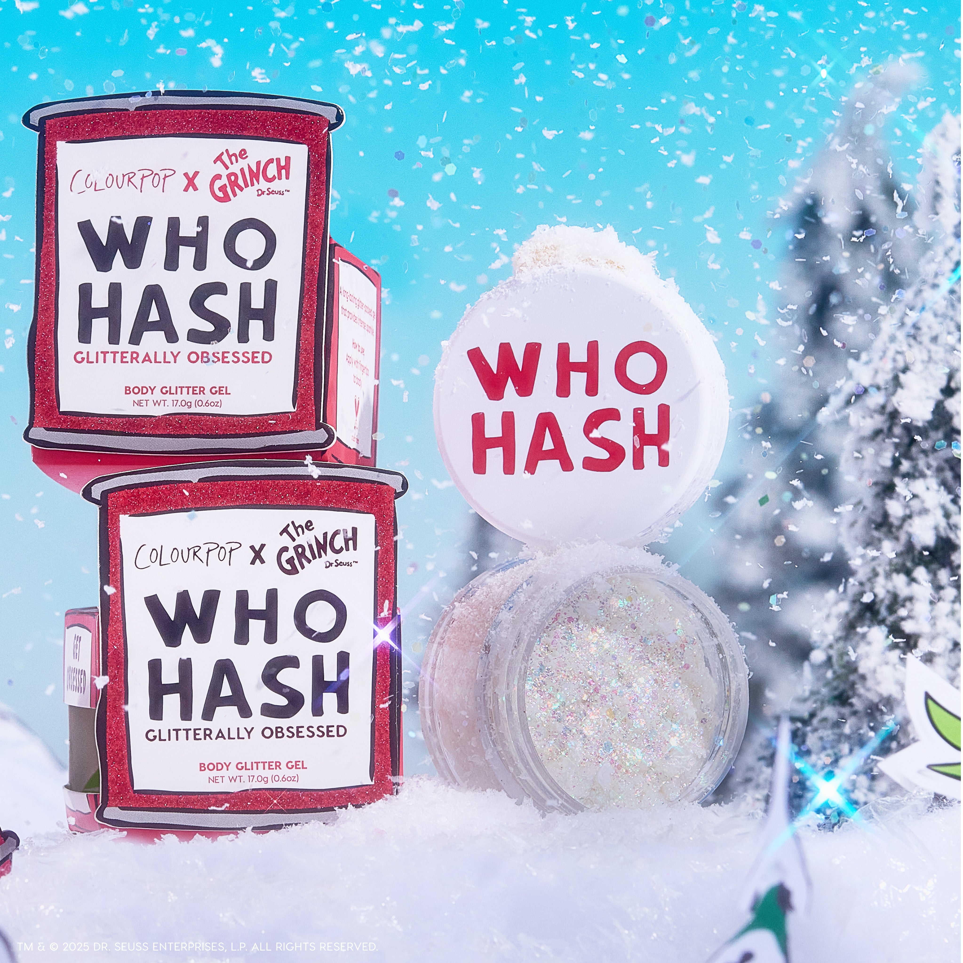 ColourPop Who-Hash glitter gel containers stack while an open pot shows iridescent sparkle, set in a snowy Whoville-inspired backdrop; red-and-white ColourPop x The Grinch body glitter gel packaging highlights the holiday makeup collab.ColourPop Who-Hash glitter gel containers stack while an open pot shows iridescent sparkle, set in a snowy Whoville-inspired backdrop; red-and-white ColourPop x The Grinch body glitter gel packaging highlights the holiday makeup collab.