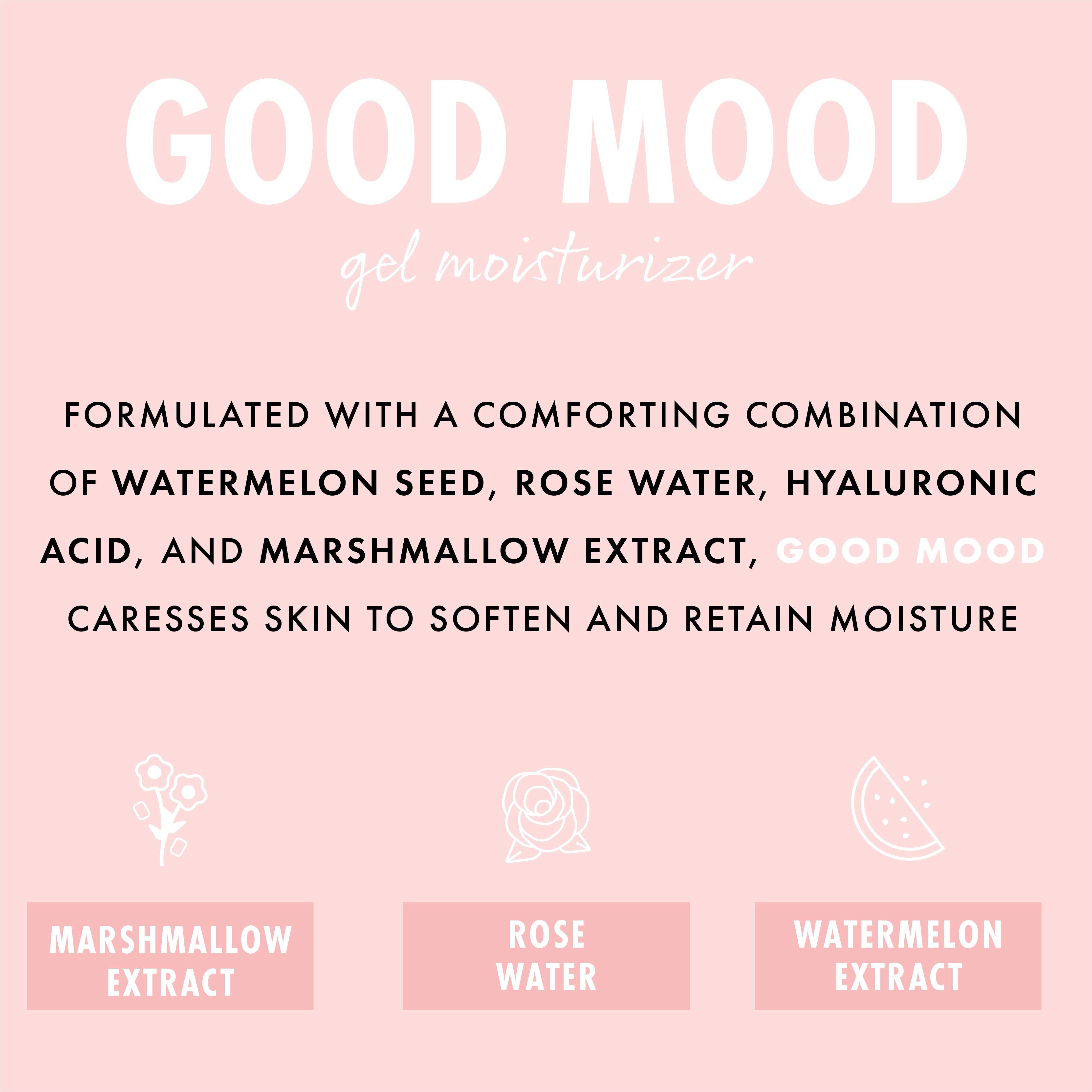 Good Mood Gel Moisturizer showcases a lightweight ColourPop Face Moisturizer formulated with watermelon seed, rose water, hyaluronic acid, and marshmallow extract to soften and retain moisture, shown on a pink infographic with ingredient icons.