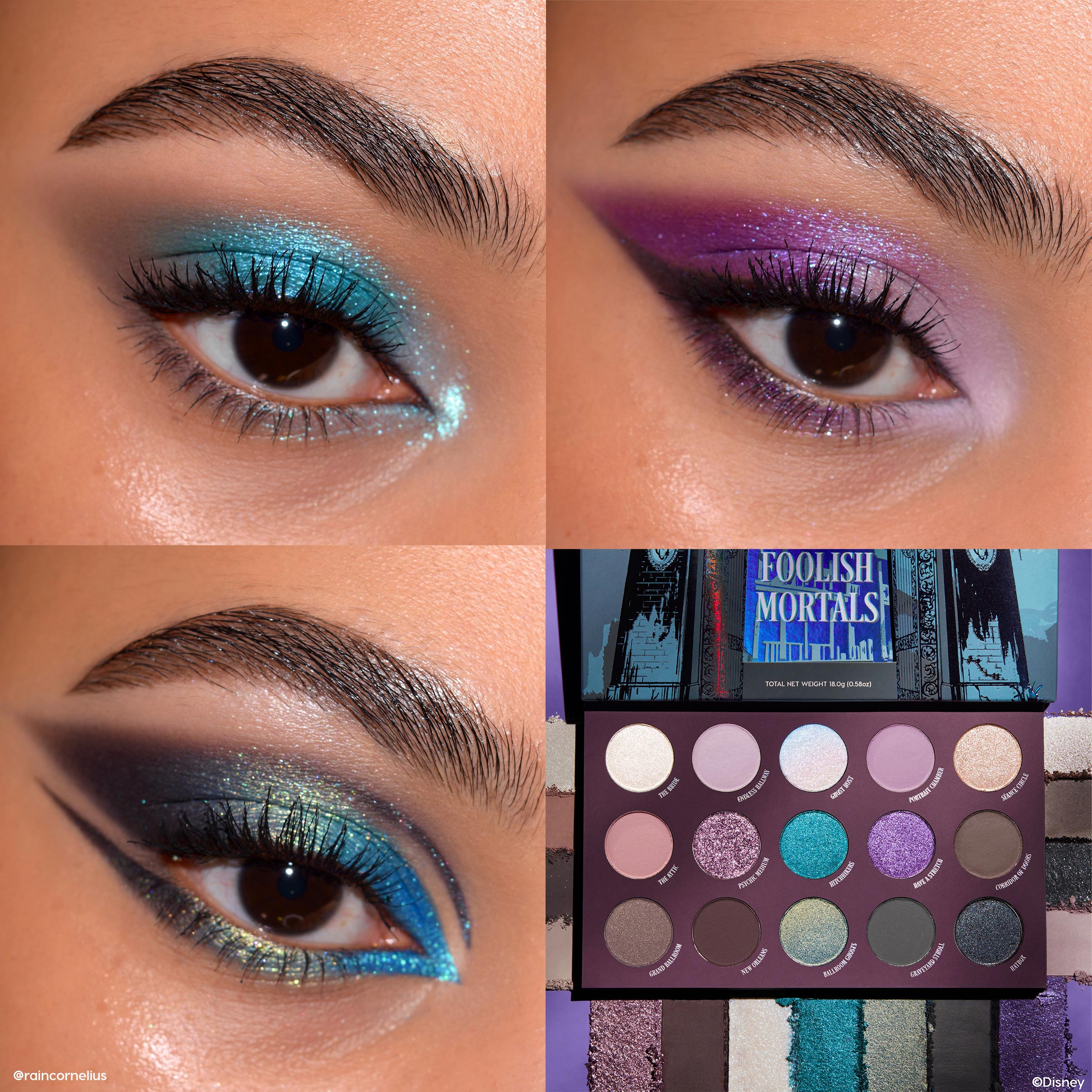ColourPop Shadow Palette “Welcome Foolish Mortals” showcases shimmering teal, purple, and smoky cat-eye looks, with an open 15-pan palette and packaging below, featuring pastel mattes, glittery metallics, and deep neutrals plus swatches.