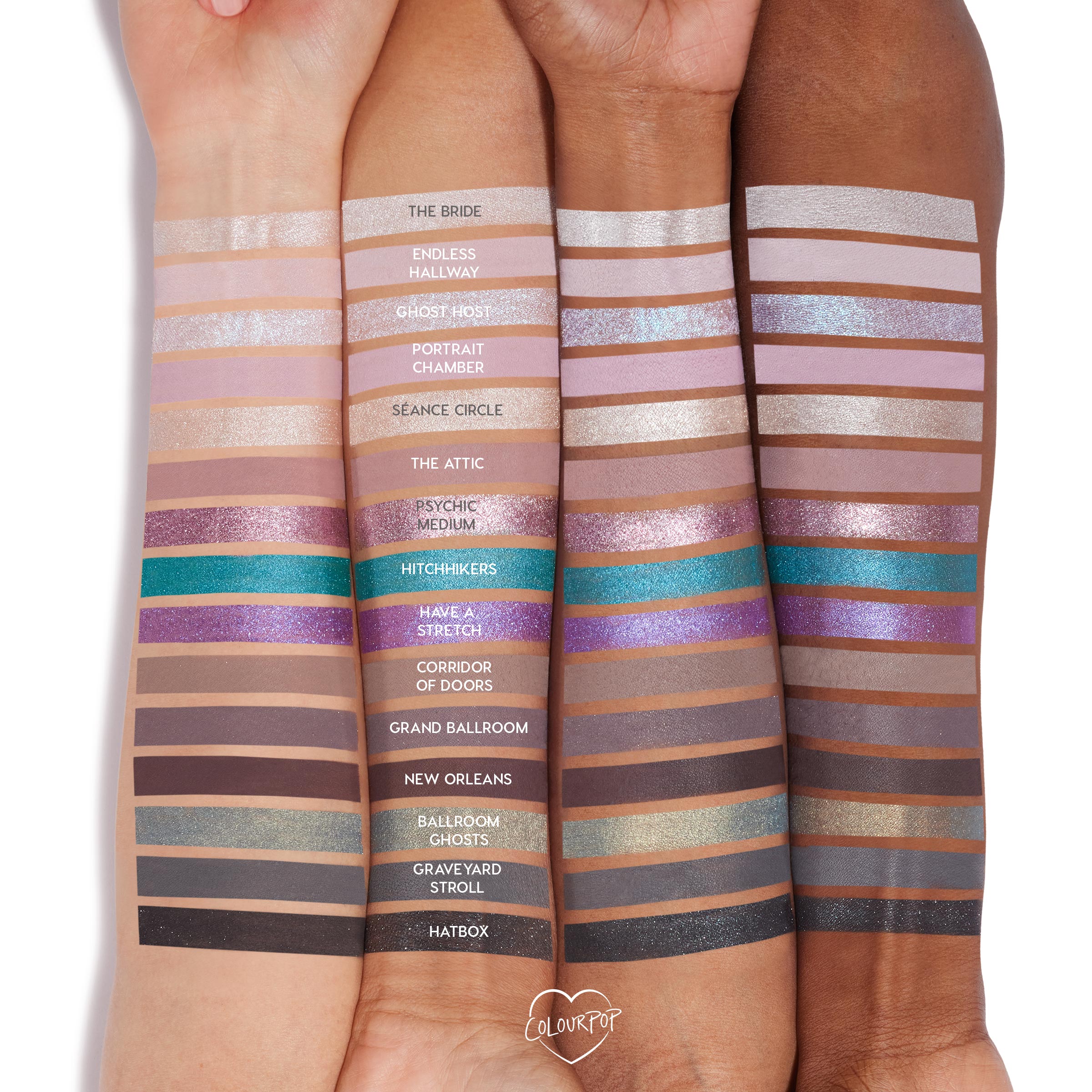 Welcome Foolish Mortals ColourPop Shadow Palette swatches line three arms, displaying 15 shades - The Bride, Seance Circle, Hitchhikers, and Hatbox - in matte and shimmer finishes from soft pinks and champagne to teal, purple, and deep charcoal on a white background.