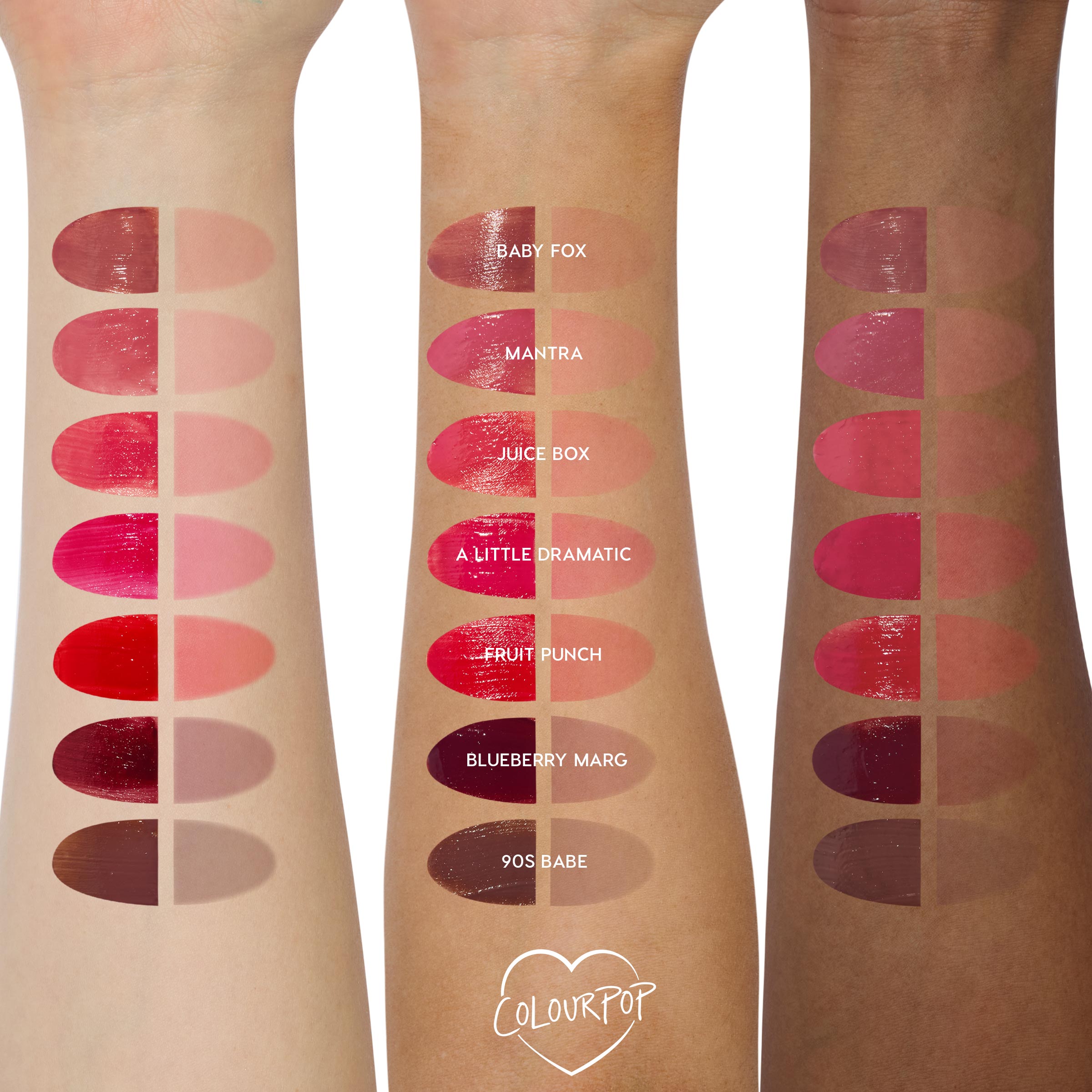 Baby Fox ColourPop Lip Stain swatch - glossy and stain finishes shown as paired ovals on three arms (light, medium, deep), top row labeled Baby Fox, revealing a warm rosy‑brown tone with high shine and sheer stain, alongside other shade comparisons.