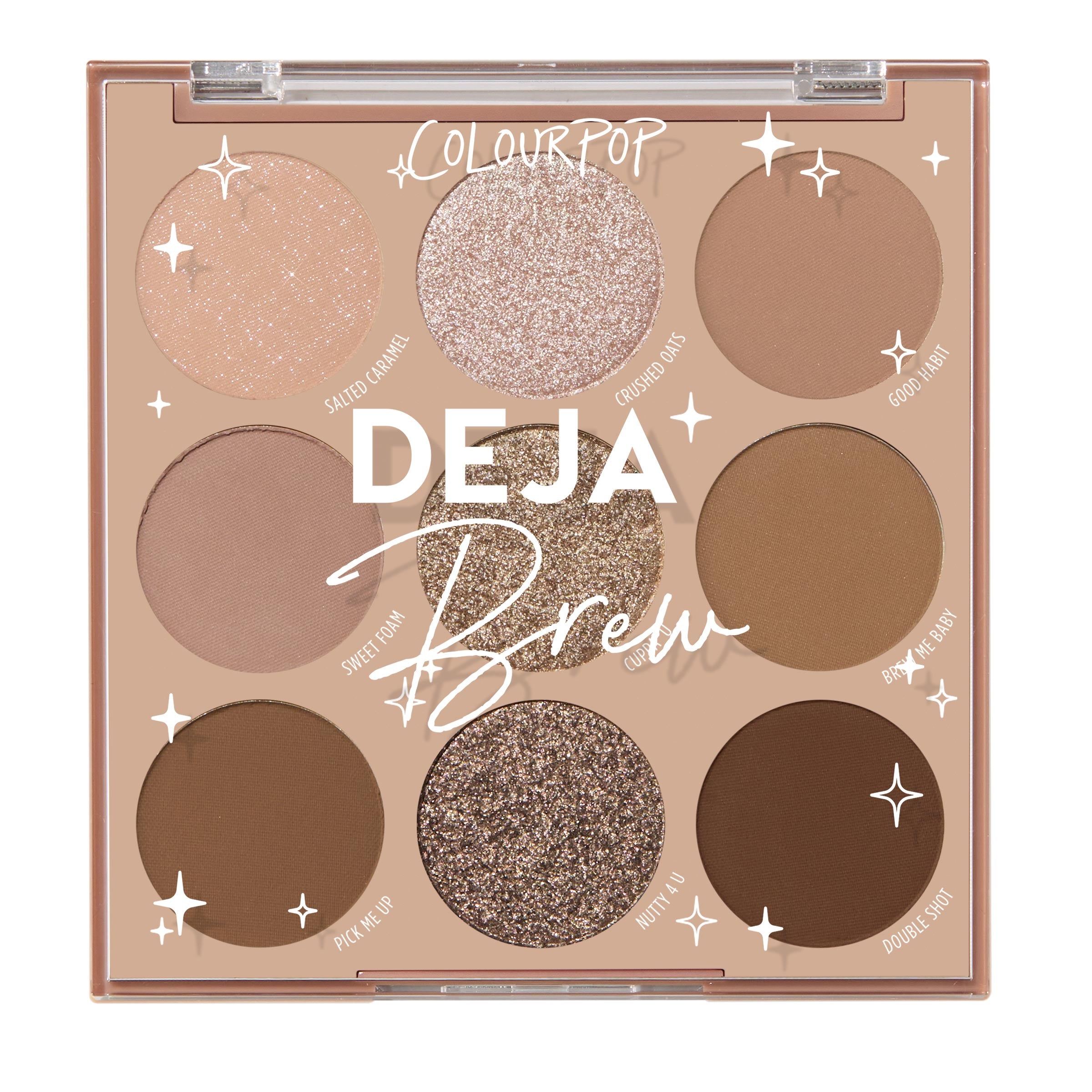 Deja Brew ColourPop Shadow Palette showcasing nine coffee-toned shades - matte and glitter finishes in champagne, taupe, caramel, bronze, and deep espresso - arranged in a square compact with a clear lid and brand logo.