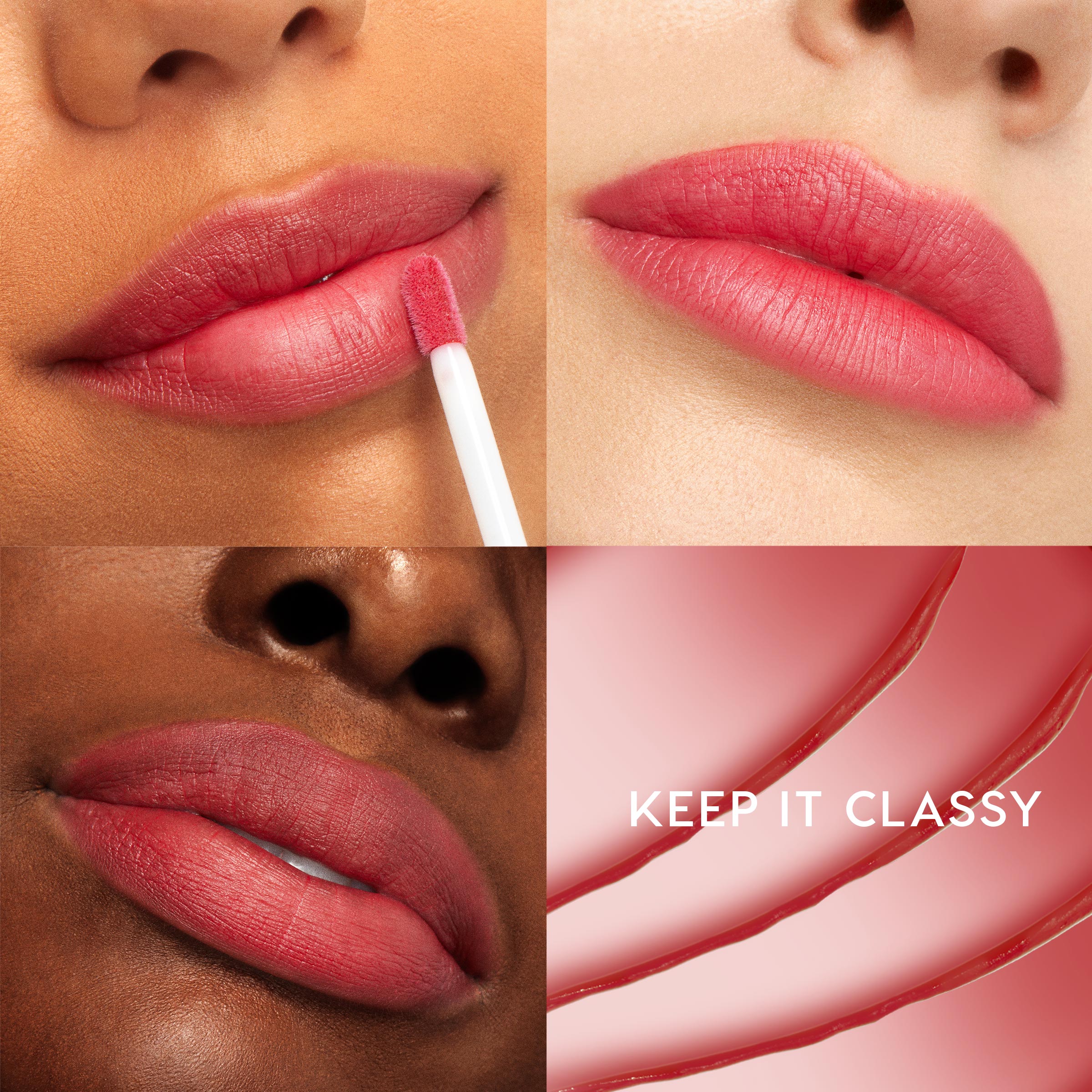 Rosy pink lips wear Keep It Classy, a ColourPop Ultra Blotted Lip, as a doe-foot applicator dabs on the soft-matte stain; close-ups on varied skin tones sit beside soft-matte swipes and the product name in a four-panel grid.