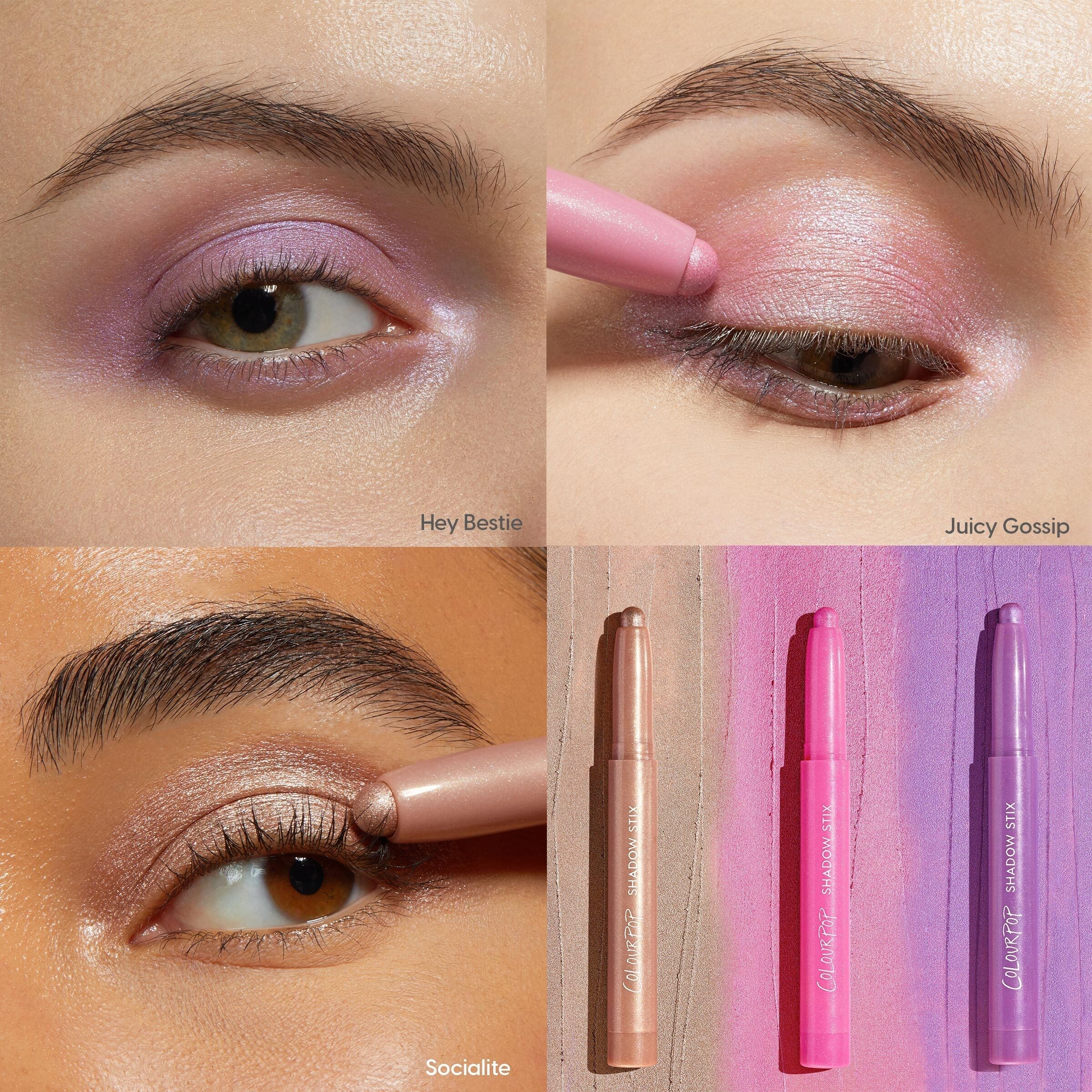 ColourPop Shadow Stix Cool Metallics swatched: metallic lavender Hey Bestie, pink Juicy Gossip, and champagne Socialite swept on lids; close-ups show each shade applied, with three eyeshadow stick pencils beside matching gradient swatches.