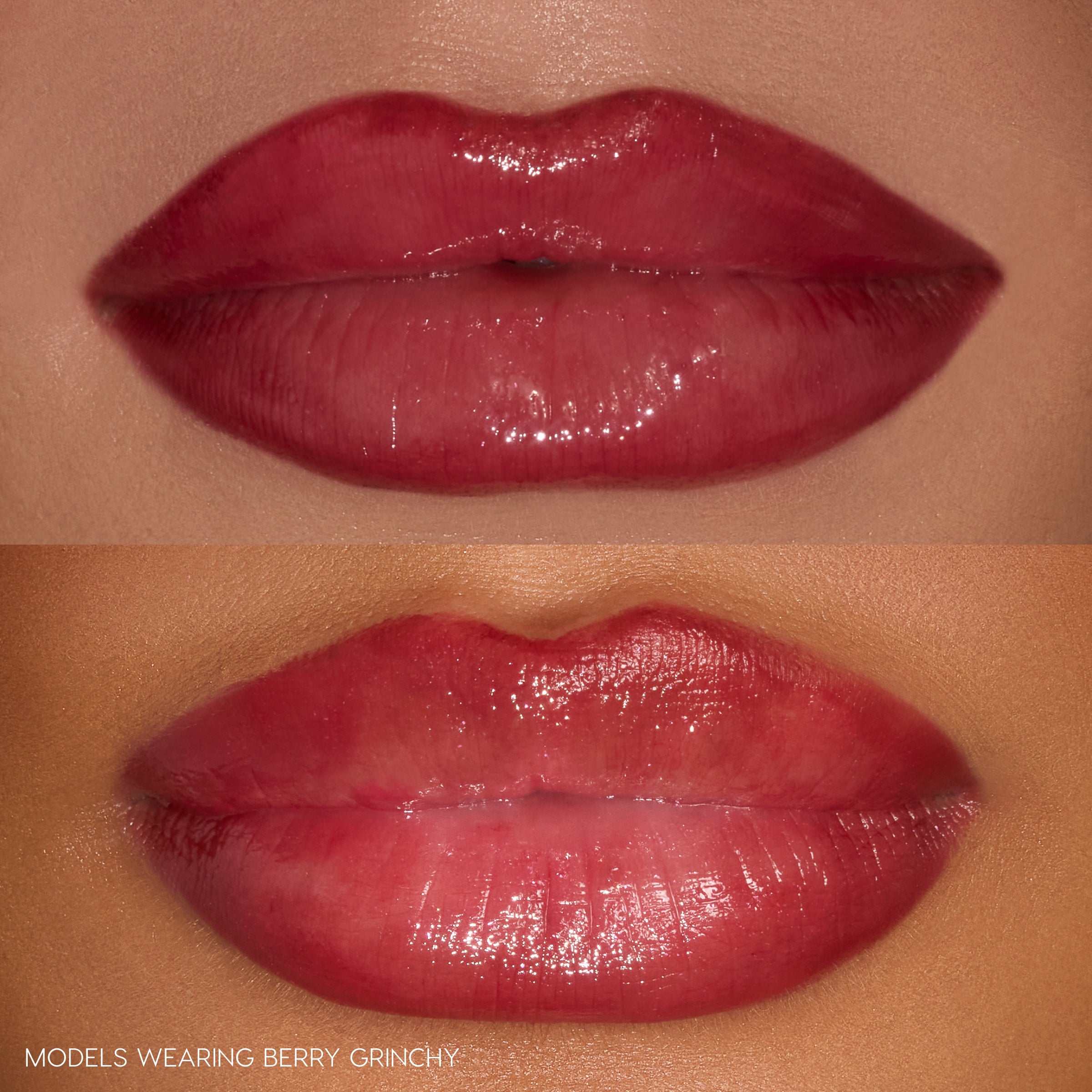 Glossy lips wearing the ColourPop Pouty Grinch Lip Set, delivering a juicy berry‑pink shine; shown on two models - light and medium skin tones - in close-up swatches that highlight the high-shine finish, hydration, and buildable color payoff.