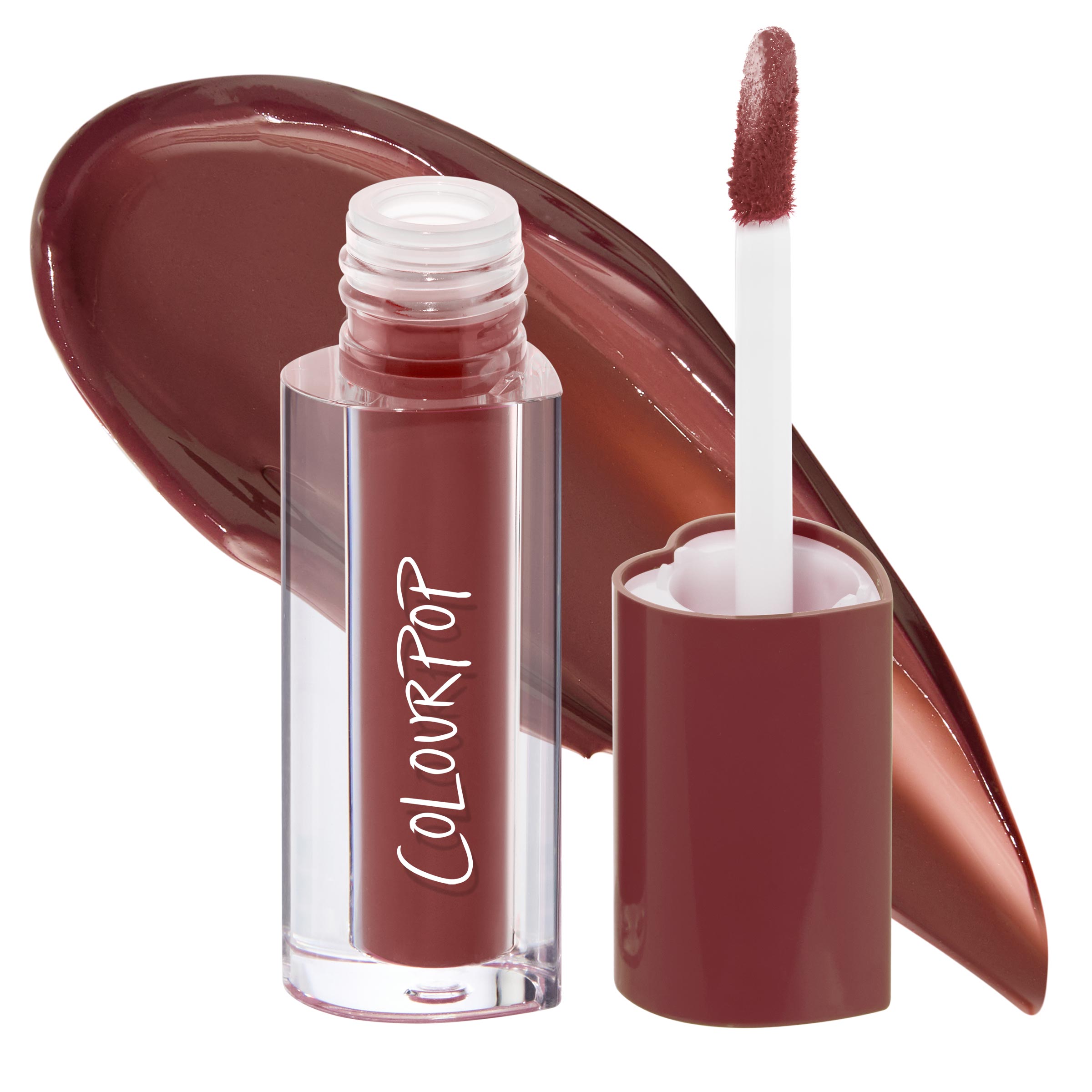 ColourPop Lip Stain in 90s Babe shown with the cap off, doe-foot applicator coated in deep mauve-brown pigment beside the clear tube with white ColourPop logo, set against a large glossy swatch of the shade.