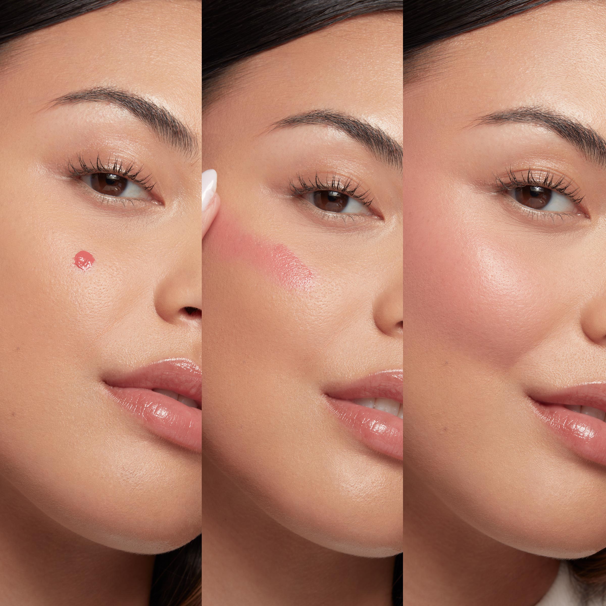 Super Shy ColourPop Liquid Blush applied, blended with fingertips, and fully diffused on a model’s cheek in a three-panel close-up, showing a soft pink, dewy flush and natural glow.