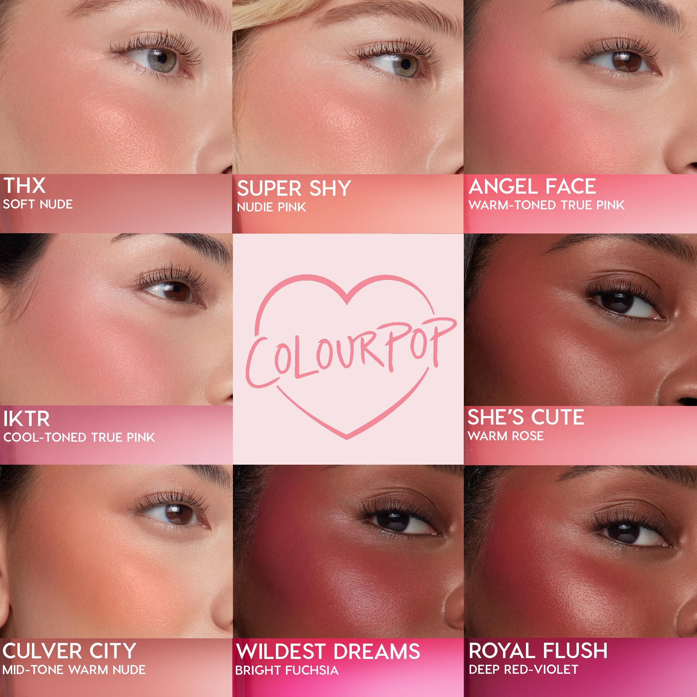 Royal Flush liquid blush delivers a deep red‑violet flush on the cheek, shown in a nine‑panel comparison of ColourPop Liquid Blush shades on varied skin tones with a soft, glowy finish.