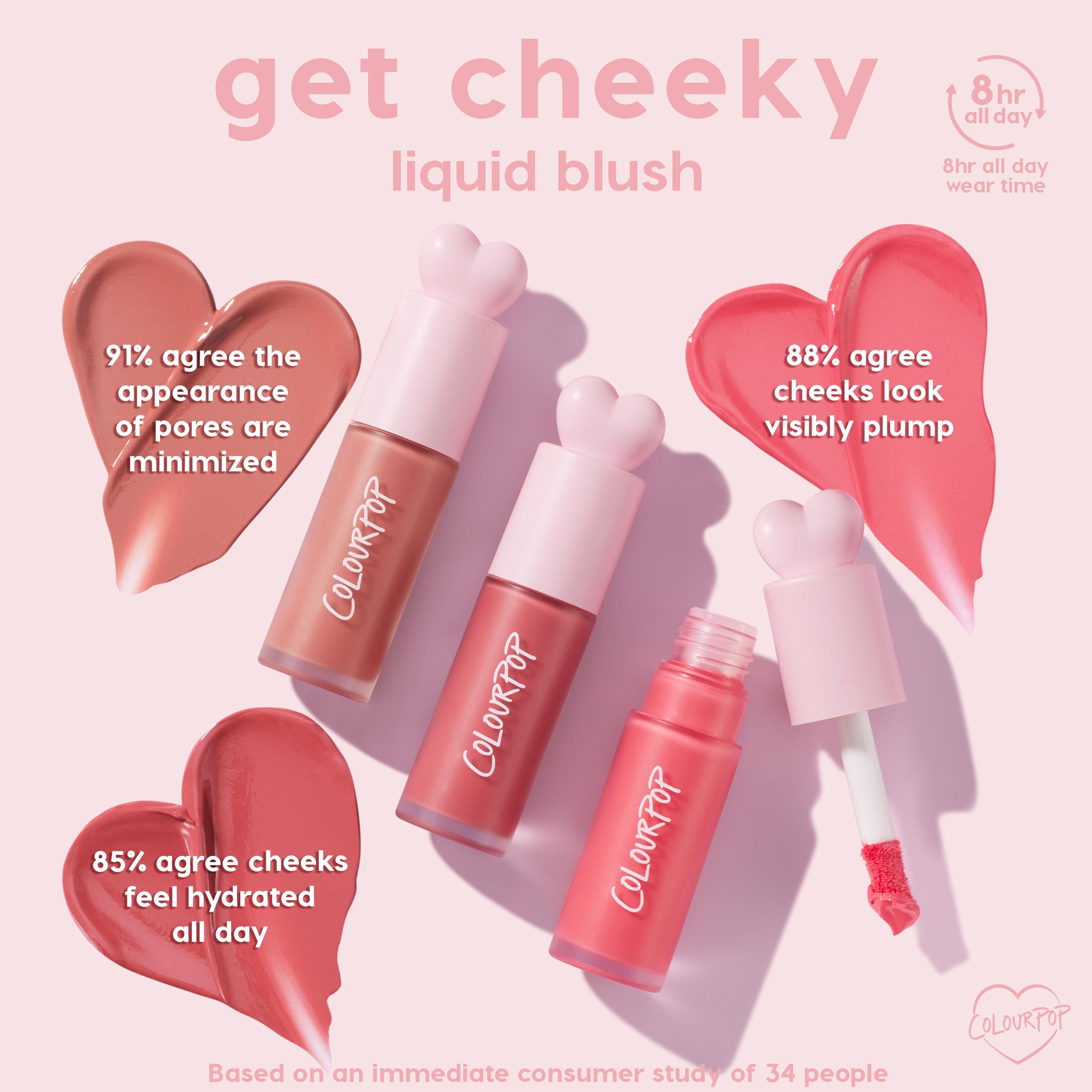 ColourPop Liquid Blush Super Shy tubes with heart-shaped caps rest on a pastel pink background, one opened to reveal a doe-foot applicator, beside heart swatches; graphic highlights 8-hour wear, minimized pores, and plump, hydrated cheeks.