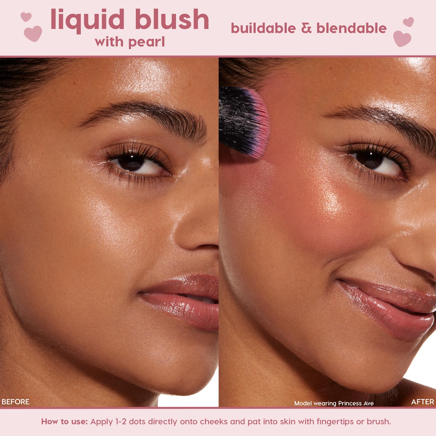 ColourPop City Walk Liquid Blush with pearl finish is brushed onto a model’s cheek, showing a buildable, blendable rosy glow in a split-screen before-and-after close-up against a clean backdrop.
