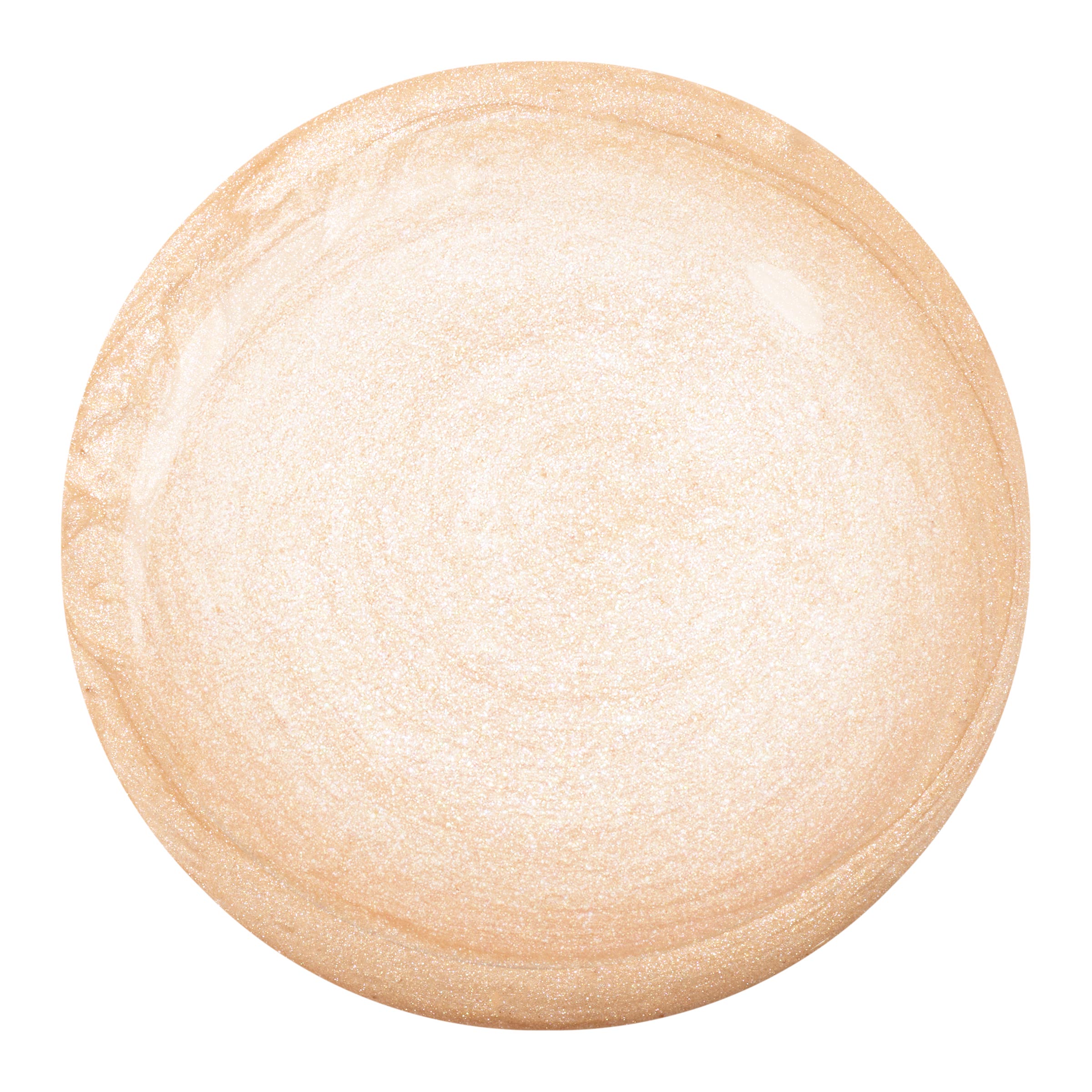 ColourPop Liquid Highlighter in Sugar Donut swatch forming a glossy round droplet, shimmering champagne-gold with fine pearlescent sparkle, showing a blendable dewy finish on a white background.