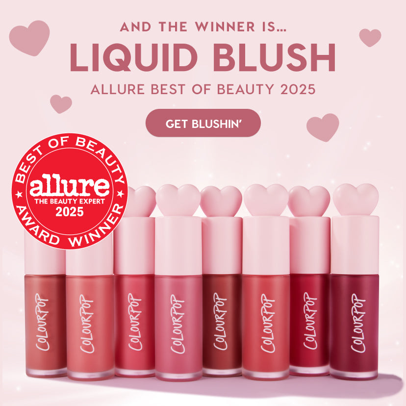 ColourPop award-winning liquid blush lineup in shades from nude to berry, bottles with pale pink heart-shaped caps on a pastel backdrop, featuring an Allure Best of Beauty 2025 badge and a Get Blushin’ callout.