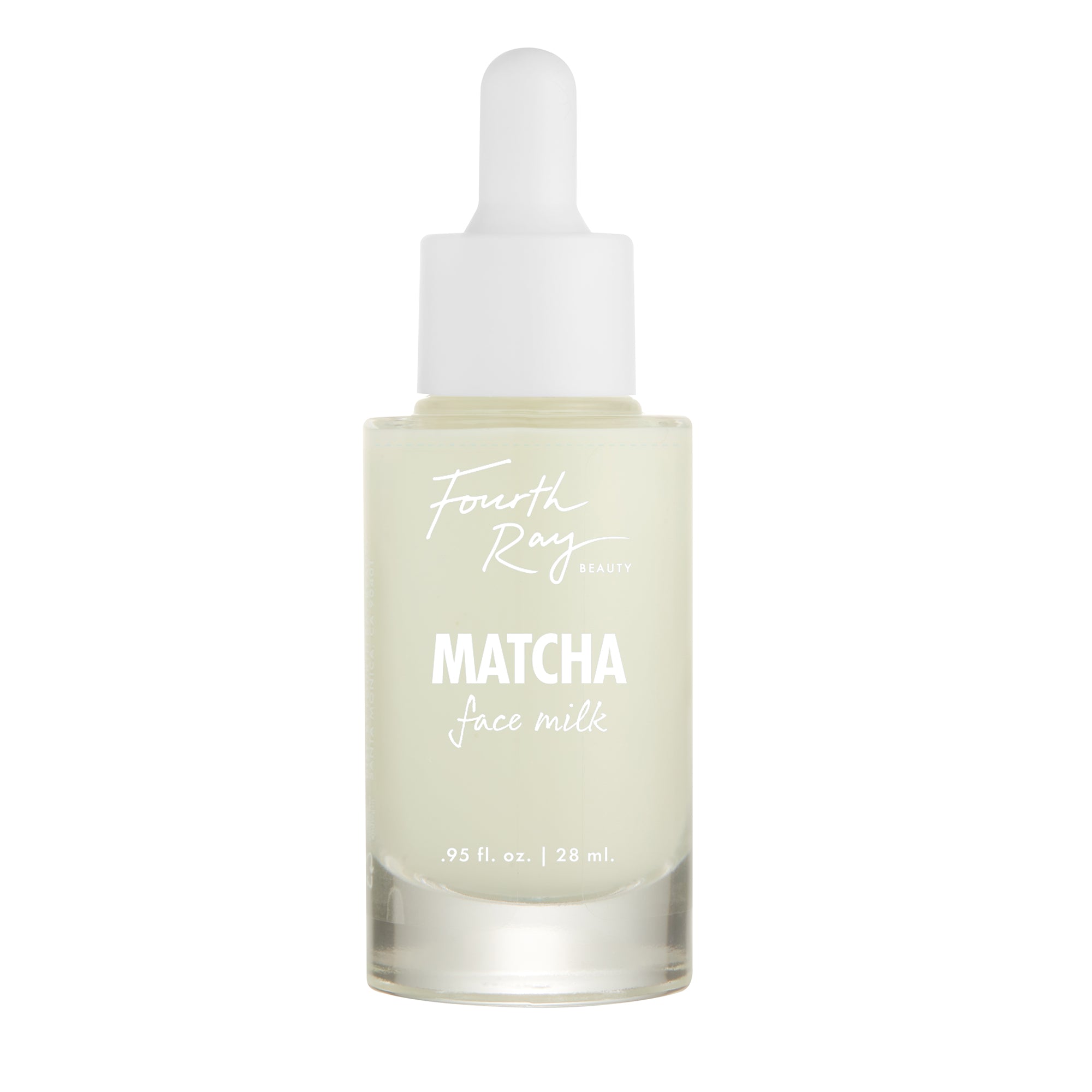 Fourth Ray Beauty Matcha Face Milk dropper bottle displaying pale green serum stands upright on a white background; 0.95 fl oz (28 mL) skincare hydrator, part of the ColourPop Face Milk collection.