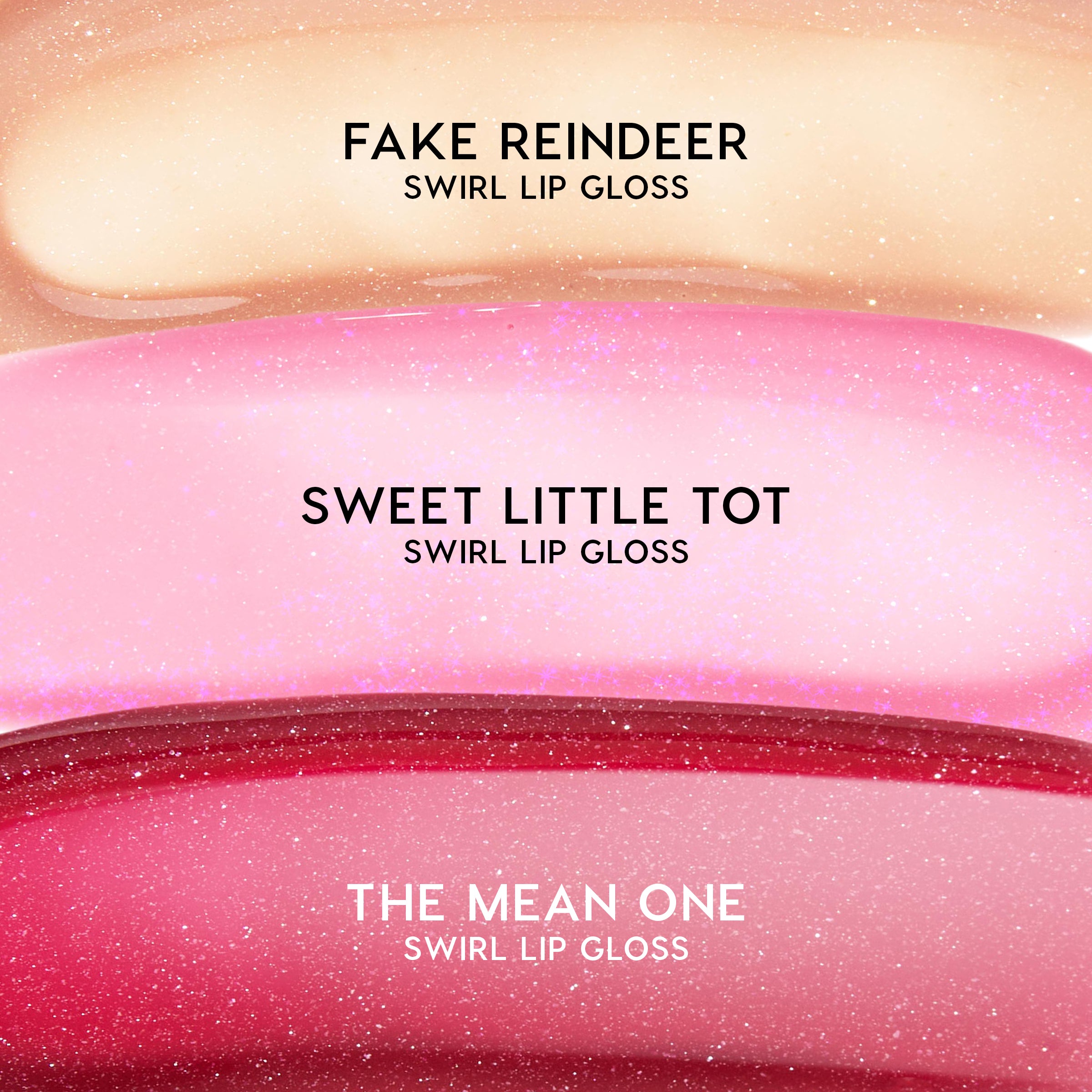 ColourPop swirl lip gloss trio swatches - Fake Reindeer (champagne gold shimmer), Sweet Little Tot (sparkly pink), and The Mean One (glittery cherry red) - layered in glossy stripes to showcase texture and sparkle on a clean studio backdrop.