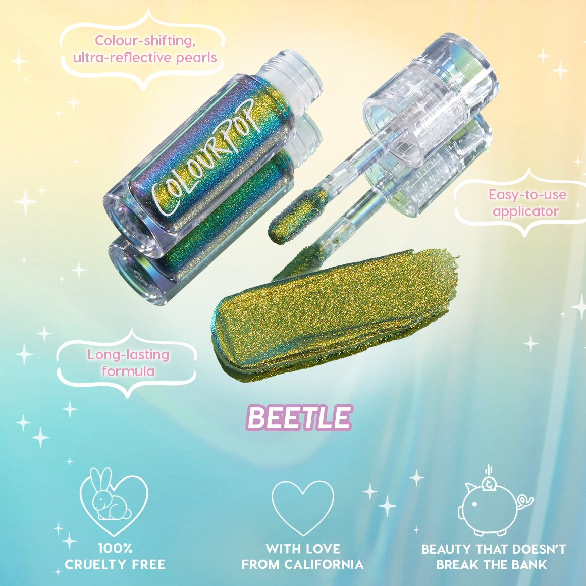 ColourPop Chrome Liquid Shadow in Beetle swiped beside its clear tube and doe-foot applicator, revealing a color-shifting green-to-gold multi-chrome with ultra-reflective shimmer; long-lasting, cruelty-free eye makeup on a pastel gradient background.