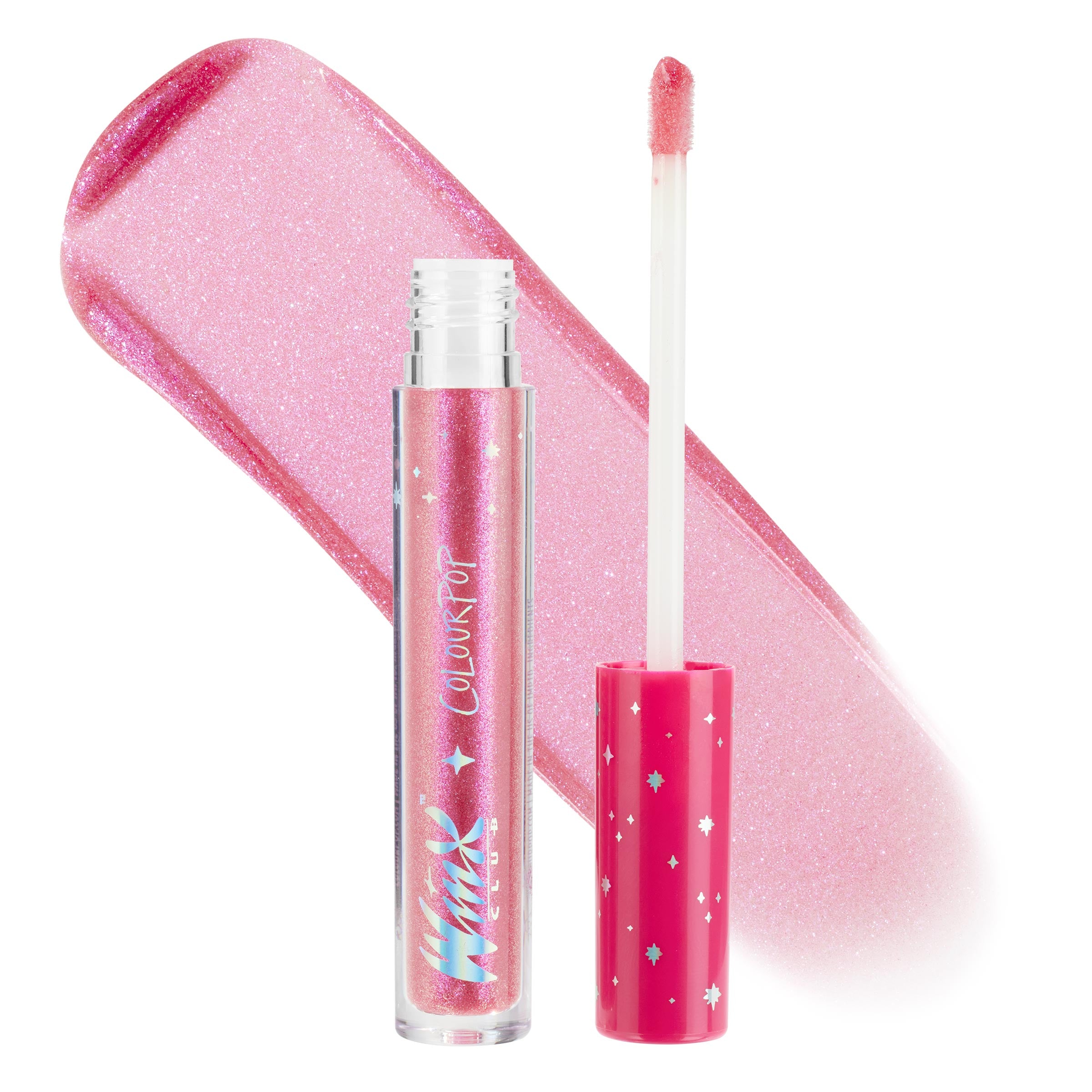 Musa ColourPop Ultra Glossy Lip with cap off and doe-foot applicator sweeping a sheer pink, iridescent glitter gloss; open tube beside a hot-pink star-print cap and a wide swatch backdrop on a clean white background.