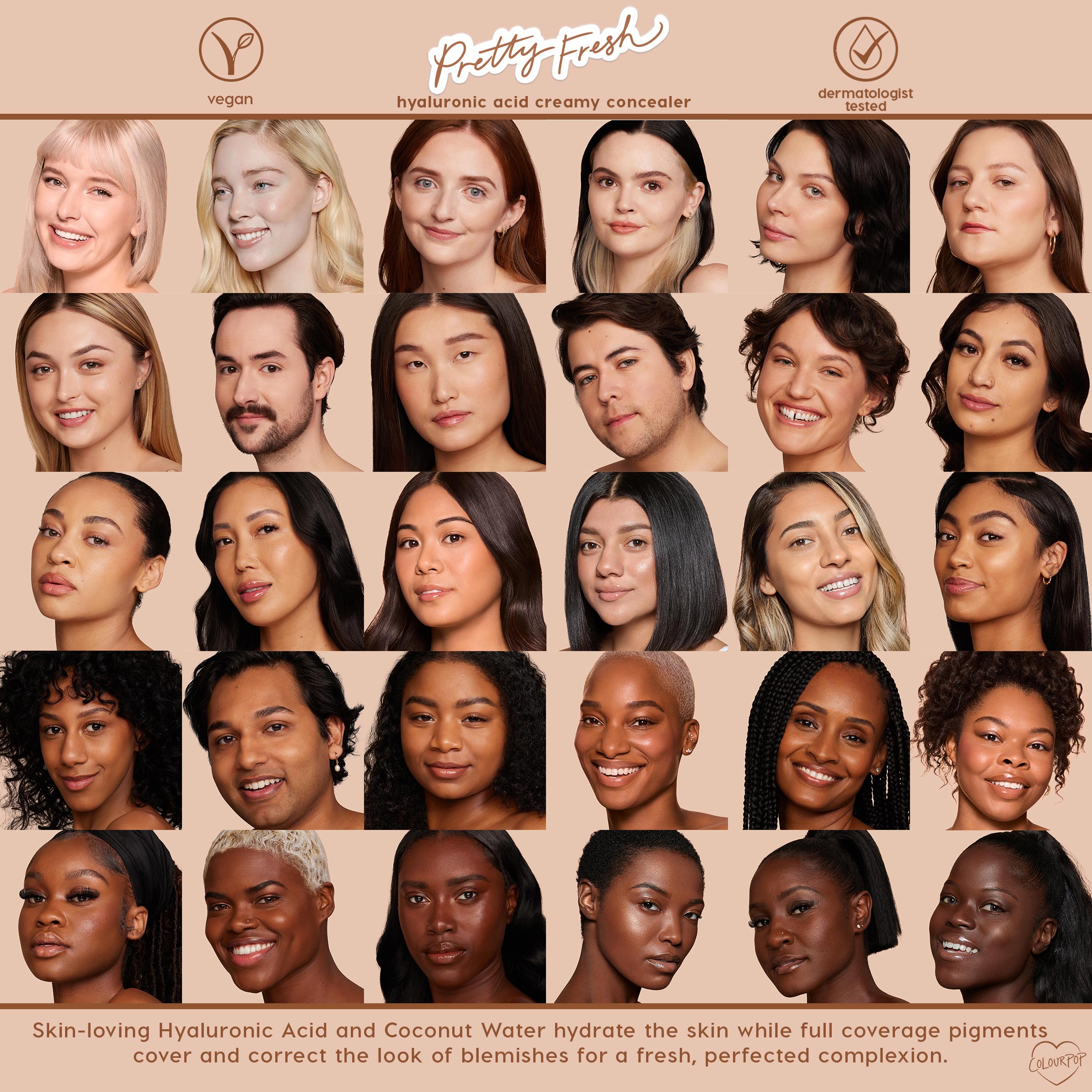 Fair 05 W ColourPop Pretty Fresh Creamy Concealer showcasing natural, skin-like coverage in a diverse model grid, with hyaluronic acid, vegan, and dermatologist-tested callouts on a beige backdrop.