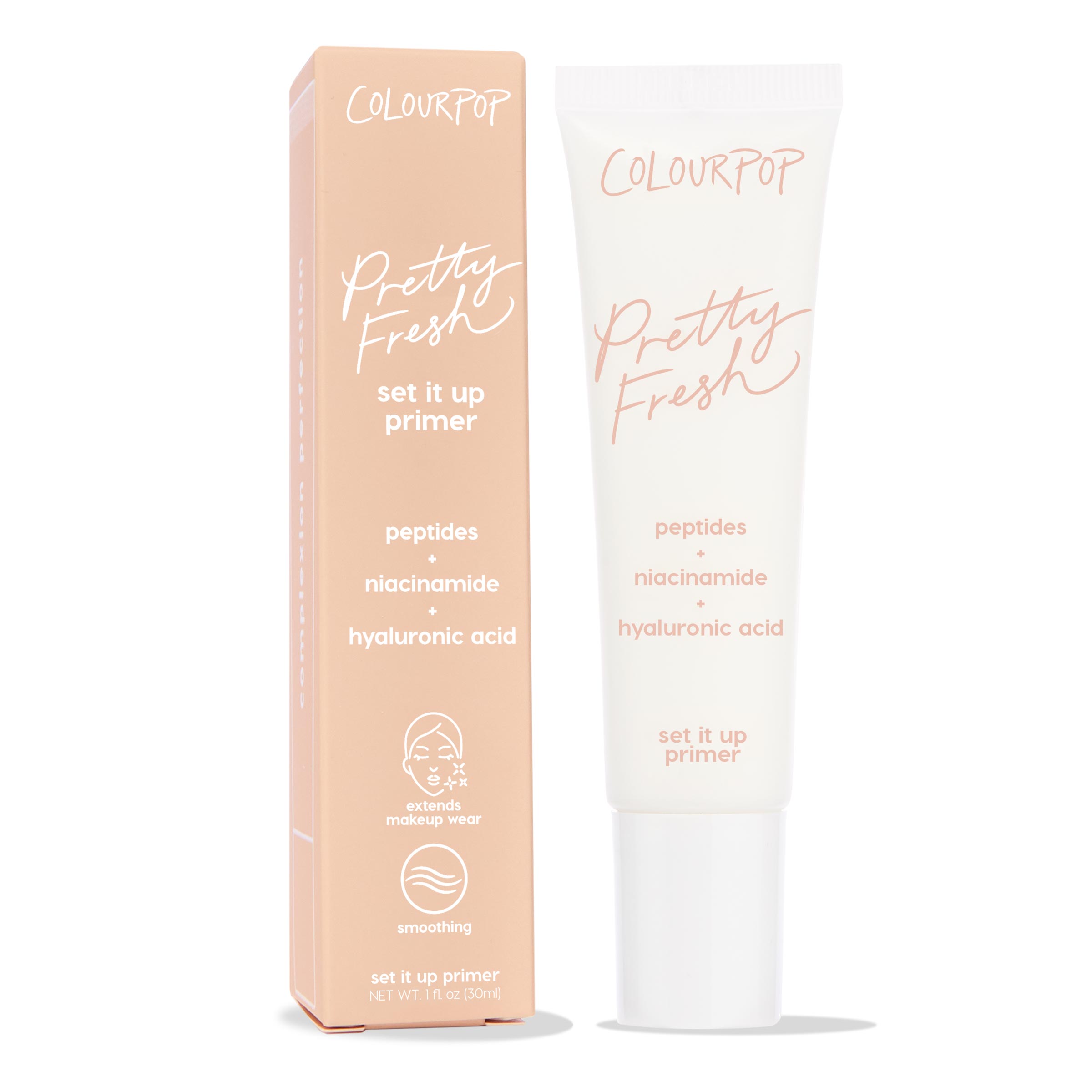 ColourPop Pretty Fresh Primer Set It Up stands upright, peach box next to a white 1 fl oz squeeze tube, highlighting peptides, niacinamide, and hyaluronic acid for smoothing and extended makeup wear against a clean white background.