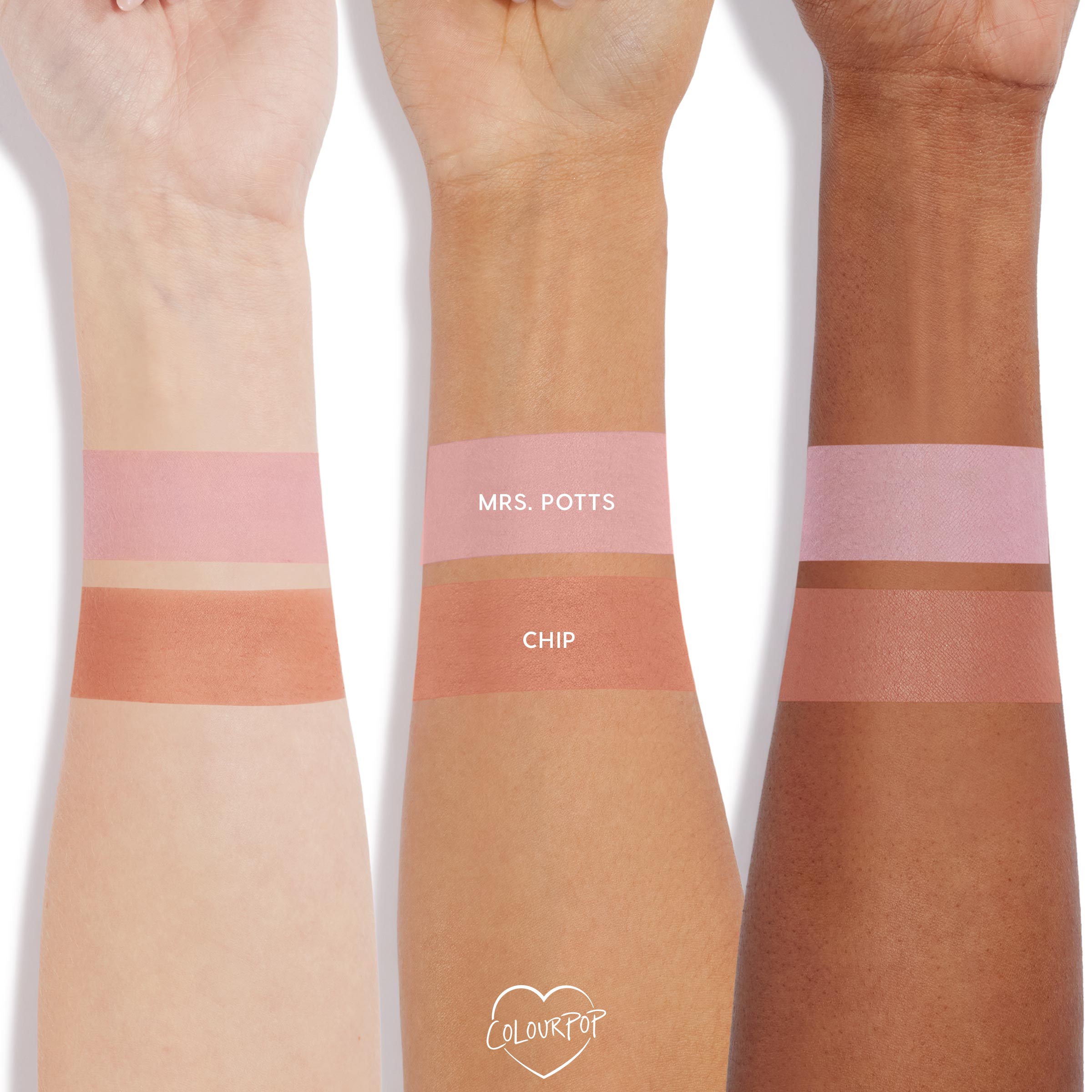 Swatches of the ColourPop Lip & Cheek Set, Kind at Heart, show two shades - Mrs. Potts (soft pink) and Chip (warm peach) - applied in stripes on three arms with light, medium, and deep skin tones, highlighting payoff and finish.