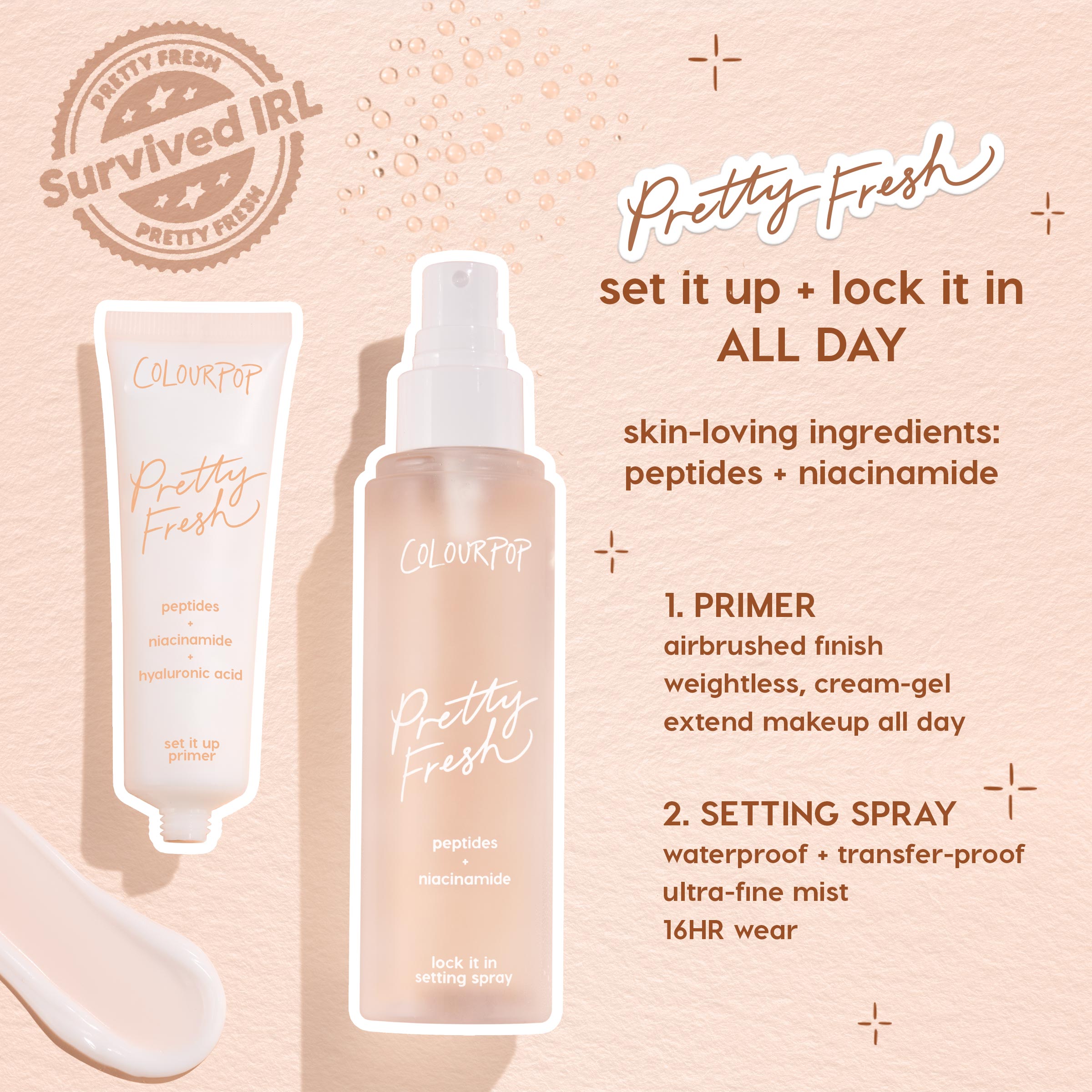 ColourPop Face Set Hydrating Prime + Set - Pretty Fresh set it up primer and lock it in setting spray - standing side by side on a peach backdrop with a cream swipe, highlighting peptides, niacinamide, and hyaluronic acid for all‑day makeup wear.