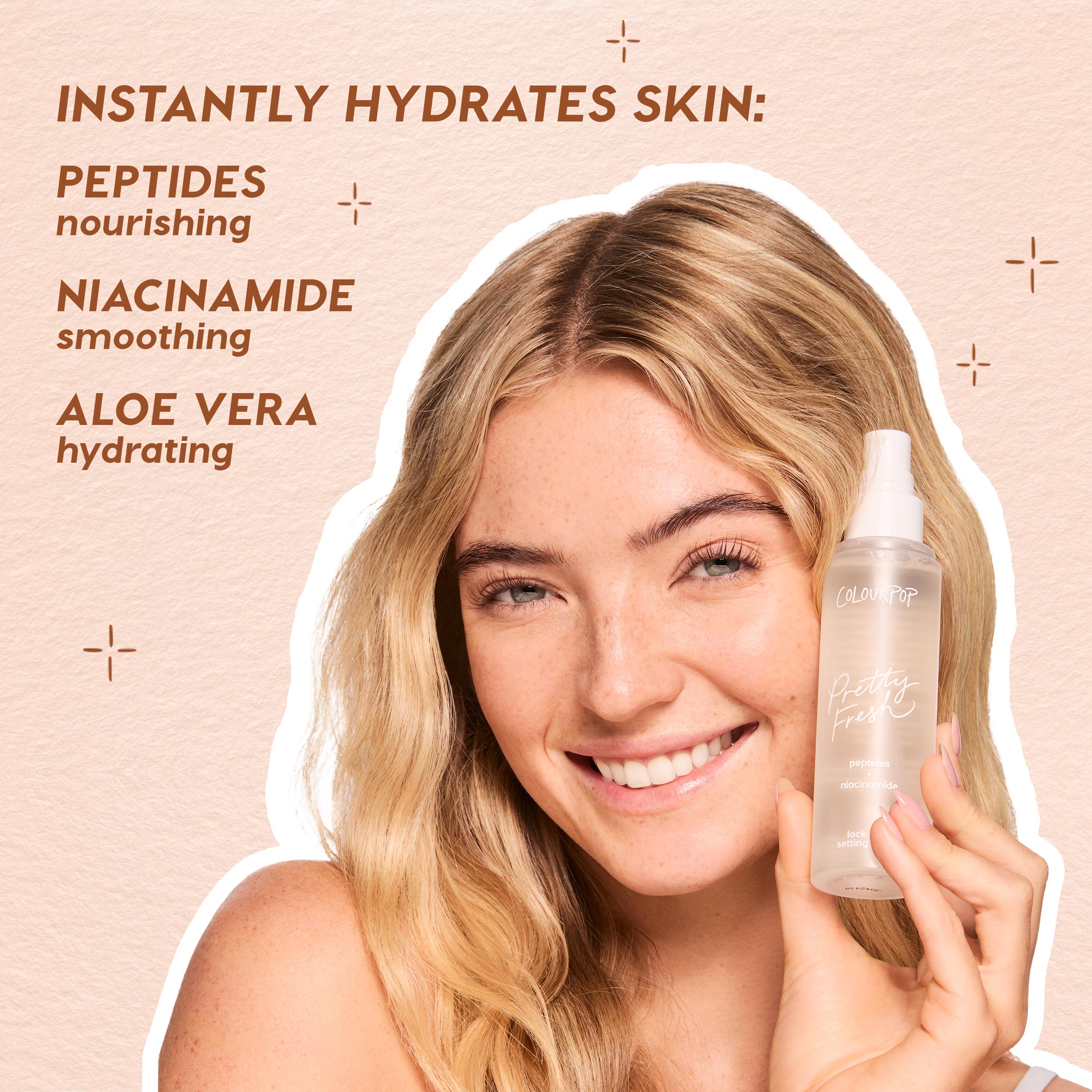 ColourPop Pretty Fresh setting spray from the Hydrating Prime + Set, held by a smiling model, showcasing hydrating benefits with peptides, niacinamide, and aloe; a ColourPop Face Set product against a soft peach backdrop.