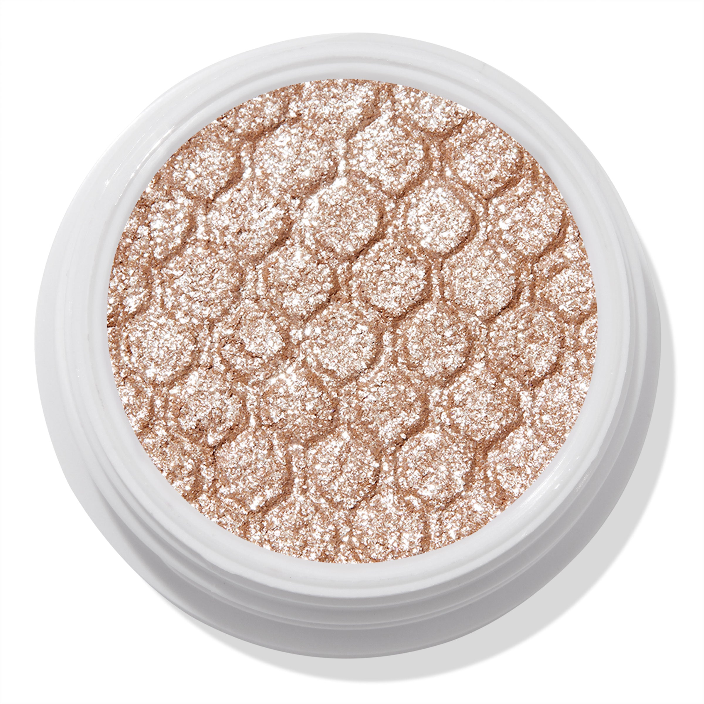 ColourPop Ritz Super Shock Shadow shimmering in a white round pot, its honeycomb-embossed, metallic champagne-beige glitter cream-to-powder formula catching light in a close-up product shot on a clean background.