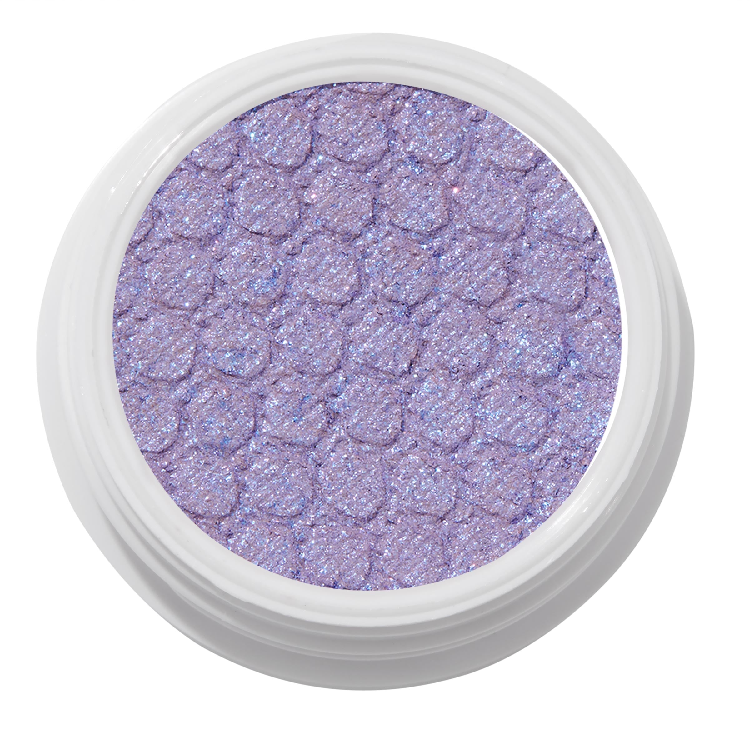 Rose Garden ColourPop Super Shock Shadow displaying a shimmery lavender-purple eyeshadow with blue sparkle and a raised pebble imprint, housed in a round white pot on a clean white background.