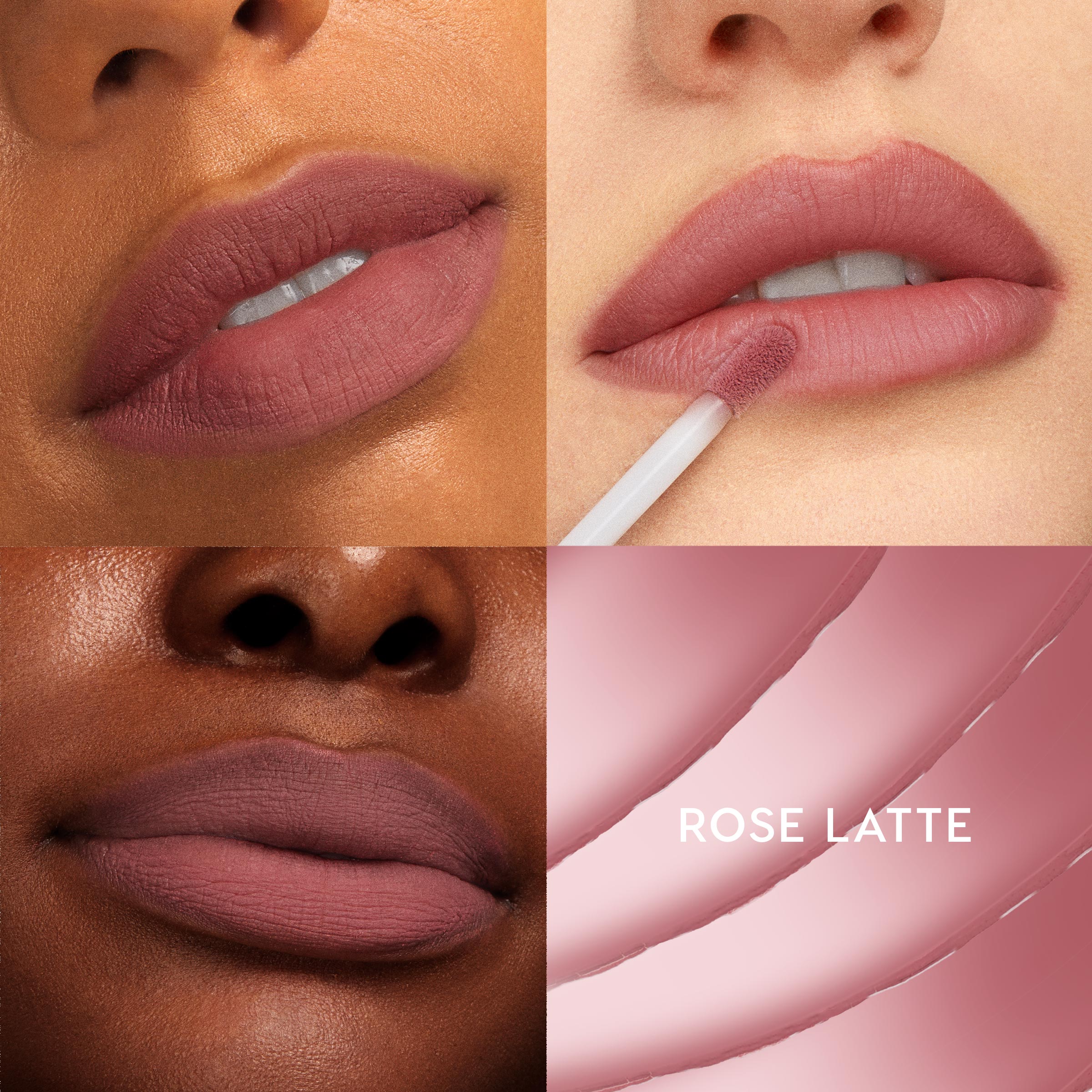 ColourPop Ultra Blotted Lip, Rose Latte, coating lips with a doe-foot applicator in a four-panel grid across light to deep skin tones, showing a muted rosy-mauve matte, soft-blur finish with swipe texture.