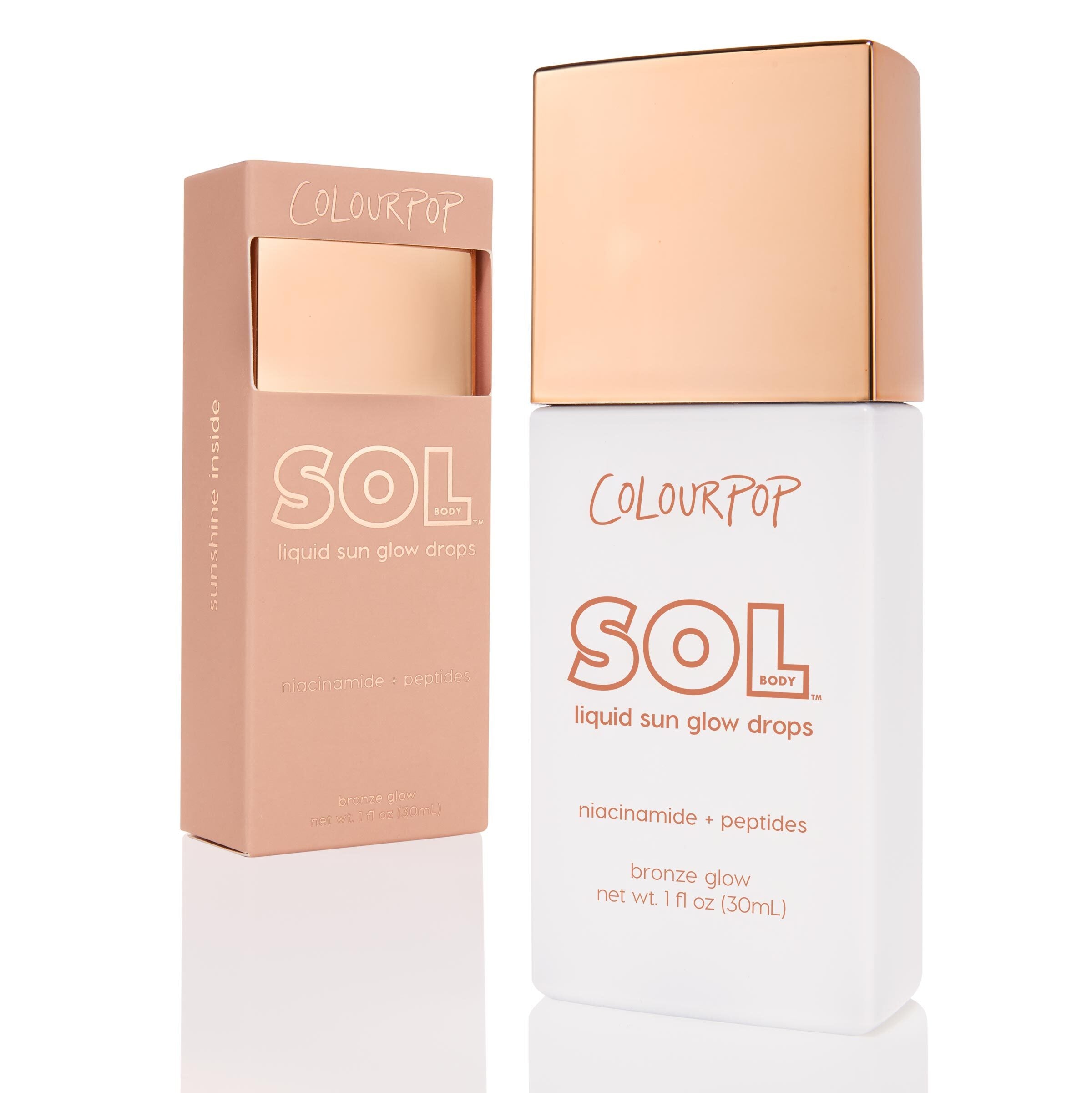 ColourPop SOL Liquid Sun Glow Drops in Bronze Glow standing upright, a white 1 fl oz (30 mL) bottle with rose‑gold square cap and copper lettering, niacinamide + peptides called out, shown beside its matching peach box on a clean white background.