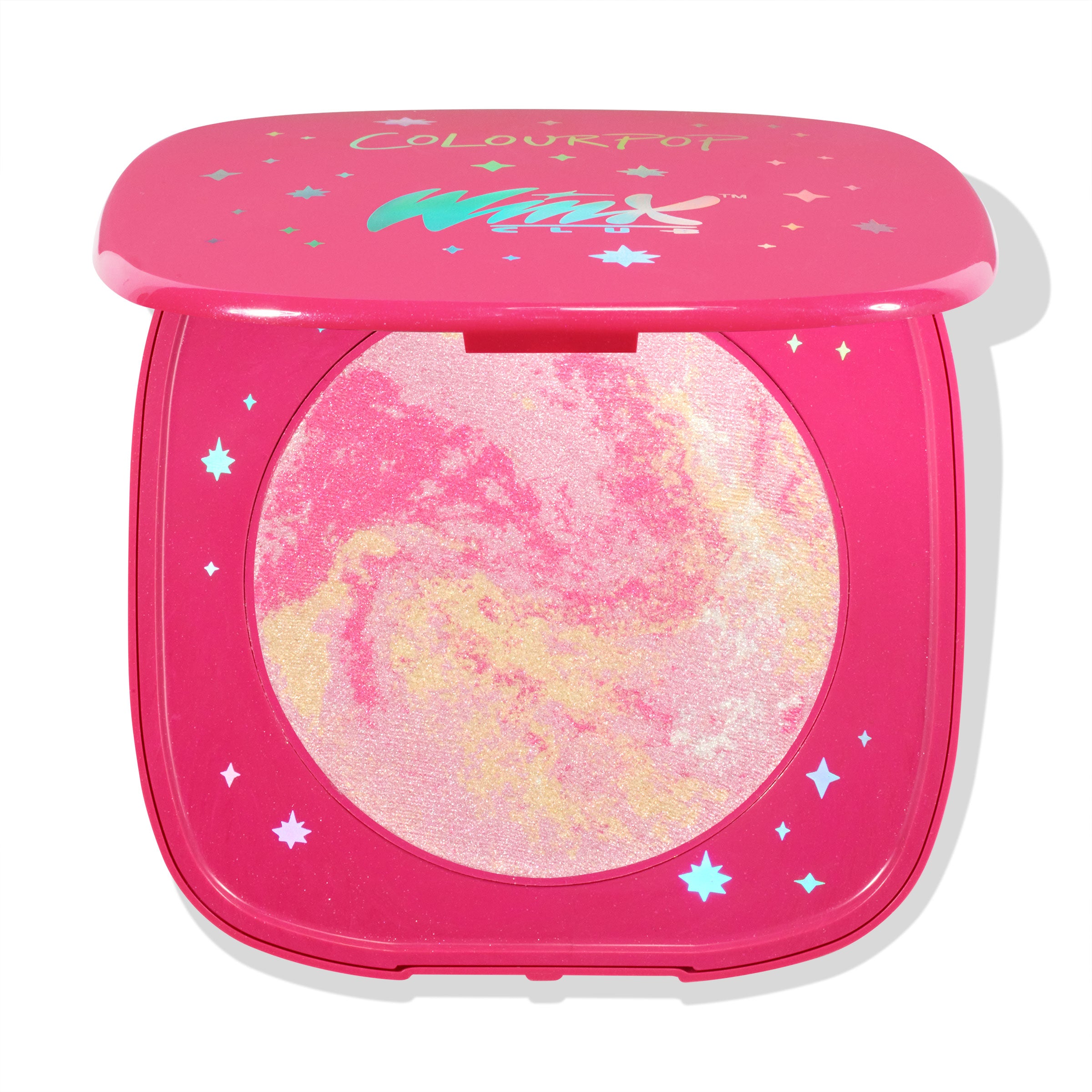 Magix Gem ColourPop Super Shock Highlighter compact showcasing a marbled pink, champagne, and gold pan, set in a hot pink case with star accents and a half-open lid on a clean white background.