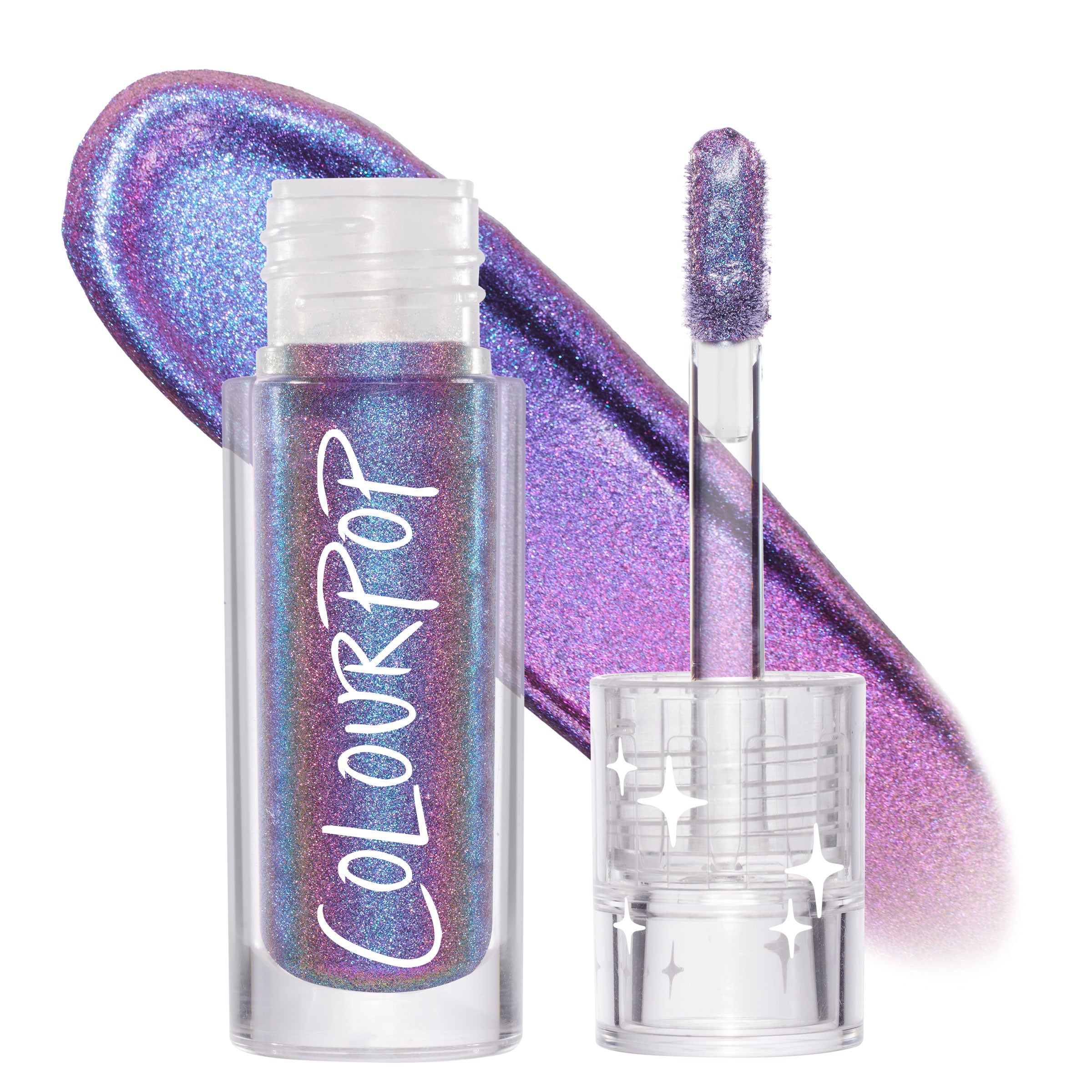 ColourPop Chrome Liquid Shadow in Same Vibe displays a doe-foot applicator and a vivid swatch shifting blue to purple to pink, set beside a clear tube with white ColourPop logo and star-accented cap, highlighting the metallic multi-chrome finish.