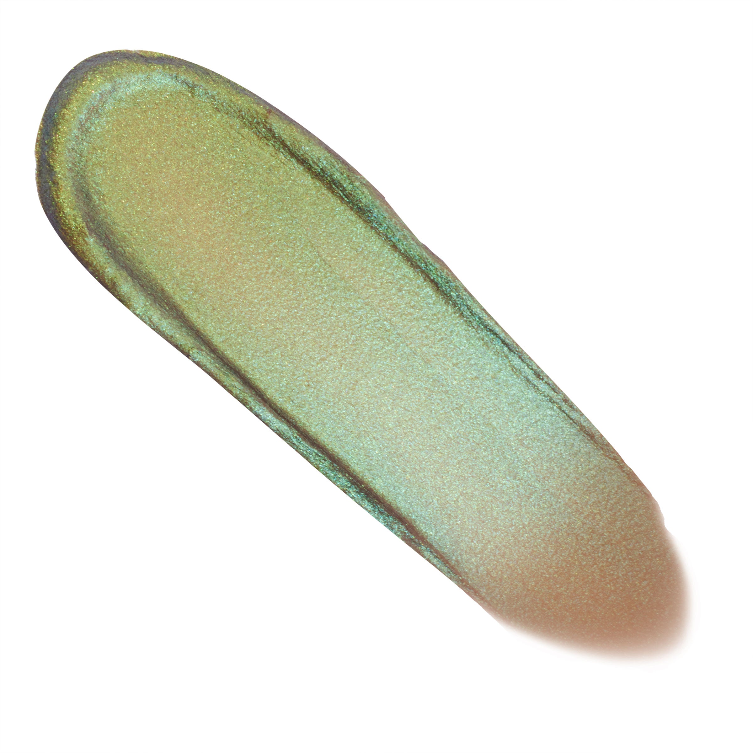 See U Later ColourPop Chrome Liquid Shadow swatch shifting gold to seafoam green with teal edges, a smooth metallic single swipe on a white background showcasing duochrome payoff and high-shine finish.