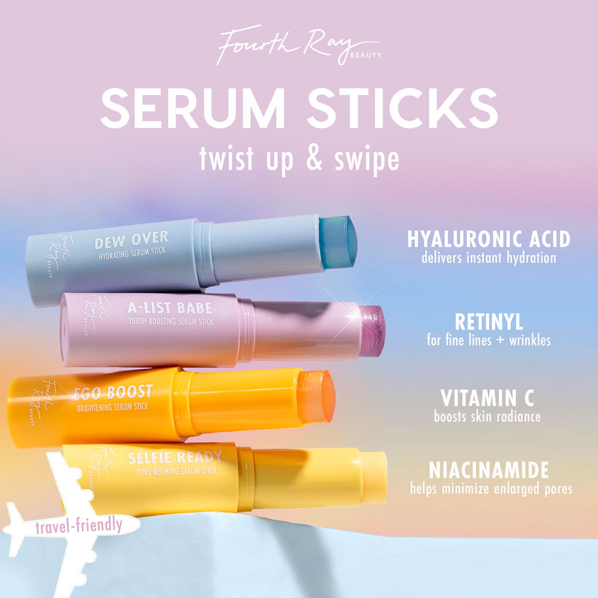 Ego Boost brightening serum stick twists up from a vivid orange tube by Fourth Ray Beauty, displayed with three companion sticks and ingredient callouts (vitamin C, hyaluronic acid, retinyl, niacinamide) on a pastel backdrop; travel-friendly ColourPop Serum Stick.