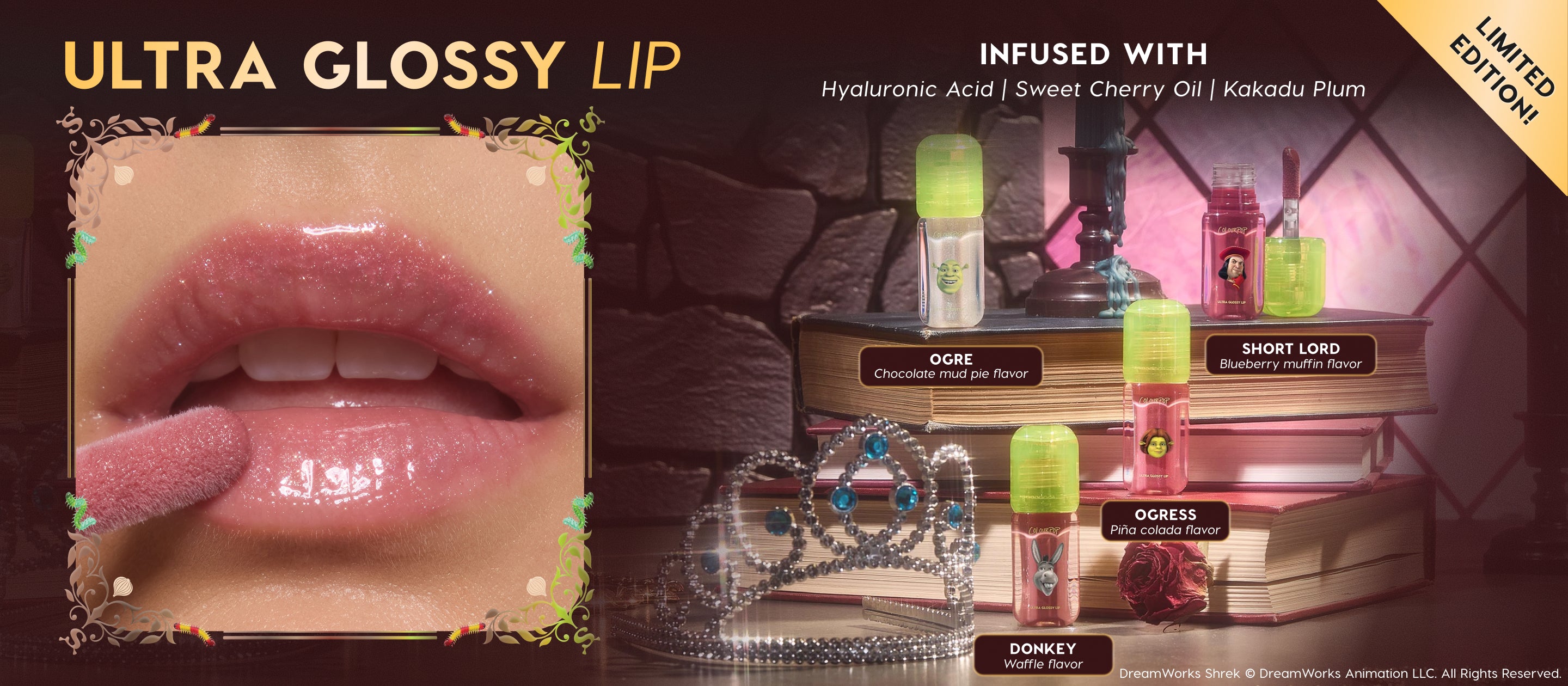 Glossy lips get coated by a wand as ColourPop Ultra Glossy Lip Shrek collection tubes - Ogre chocolate mud pie, Ogress piña colada, Donkey waffle, and Short Lord blueberry muffin - stand on stacked storybooks with a tiara; limited edition, hyaluronic acid blend.