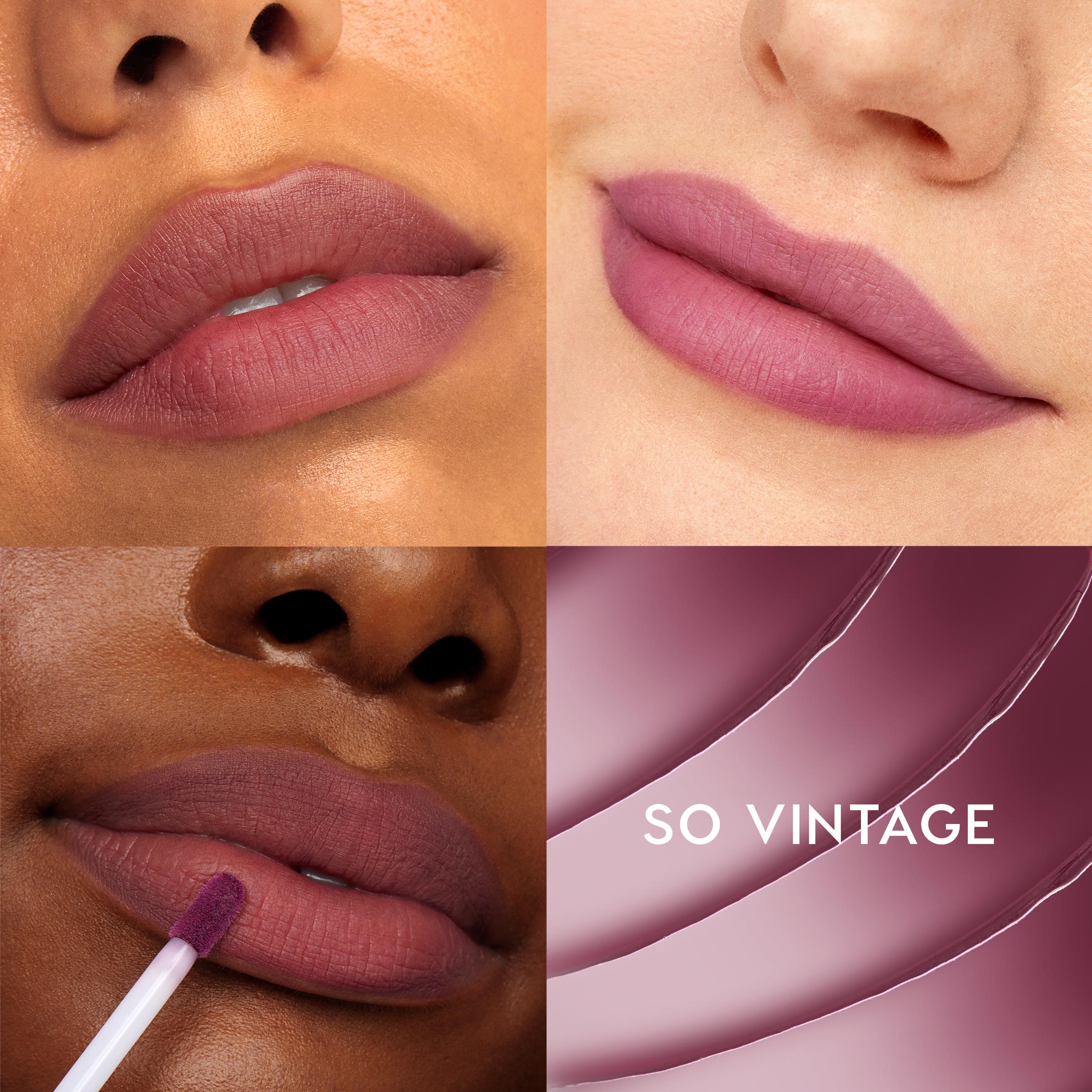 ColourPop Ultra Blotted Lip So Vintage coats lips in a soft matte berry‑mauve tint, shown across multiple skin tones; a doe‑foot applicator applies the shade, and a mauve swatch with SO VINTAGE label completes the grid.